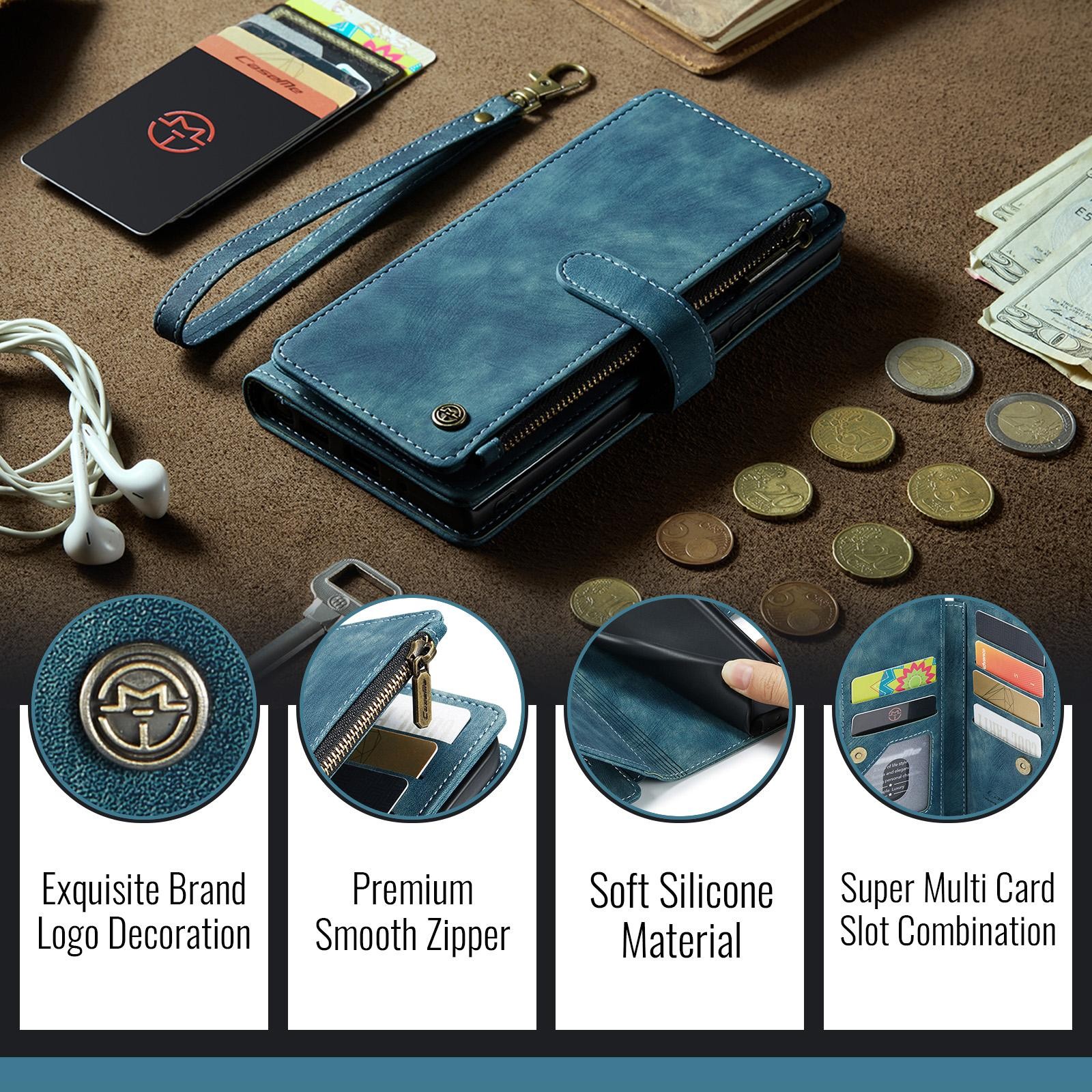 CaseMe C30 iPhone 17 Pro 5G Card Slots Zipper Θήκη Πορτοφόλι Δερμάτινη –Blue