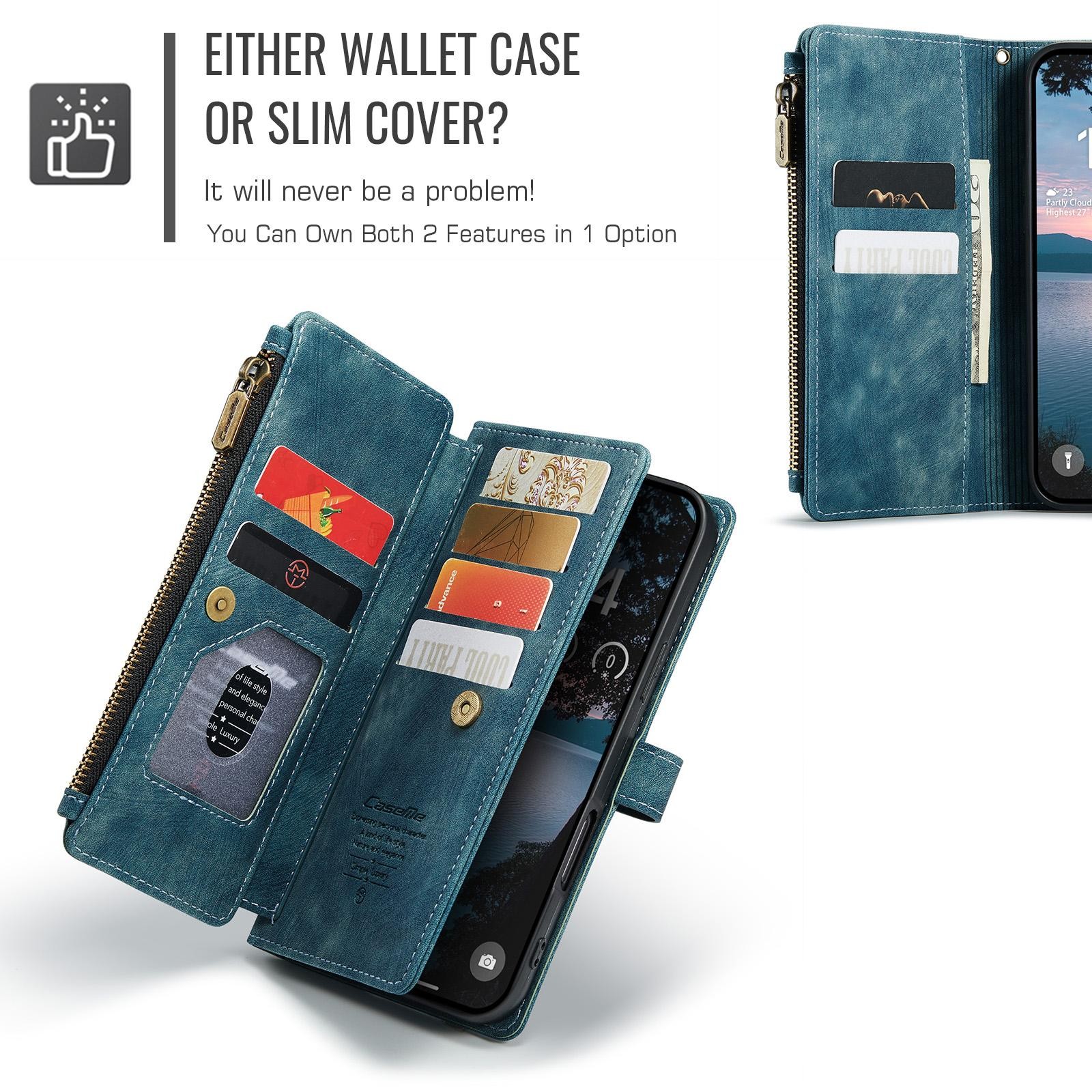 CaseMe C30 iPhone 17 Pro 5G Card Slots Zipper Θήκη Πορτοφόλι Δερμάτινη –Blue