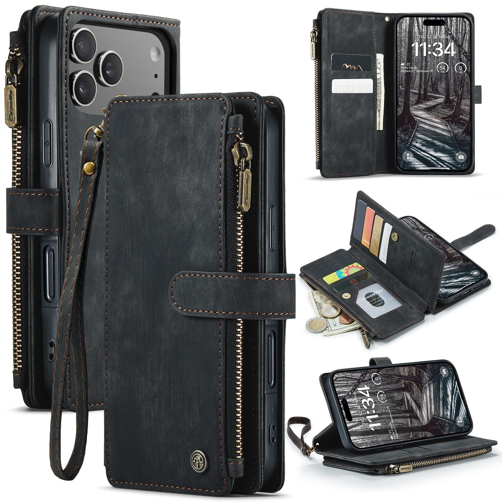 CaseMe C30 iPhone 17 Pro 5G Card Slots Zipper Θήκη Πορτοφόλι Δερμάτινη – Black
