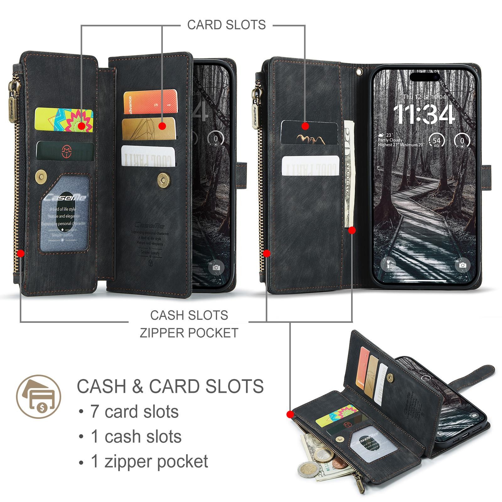 CaseMe C30 iPhone 17 Pro 5G Card Slots Zipper Θήκη Πορτοφόλι Δερμάτινη – Black
