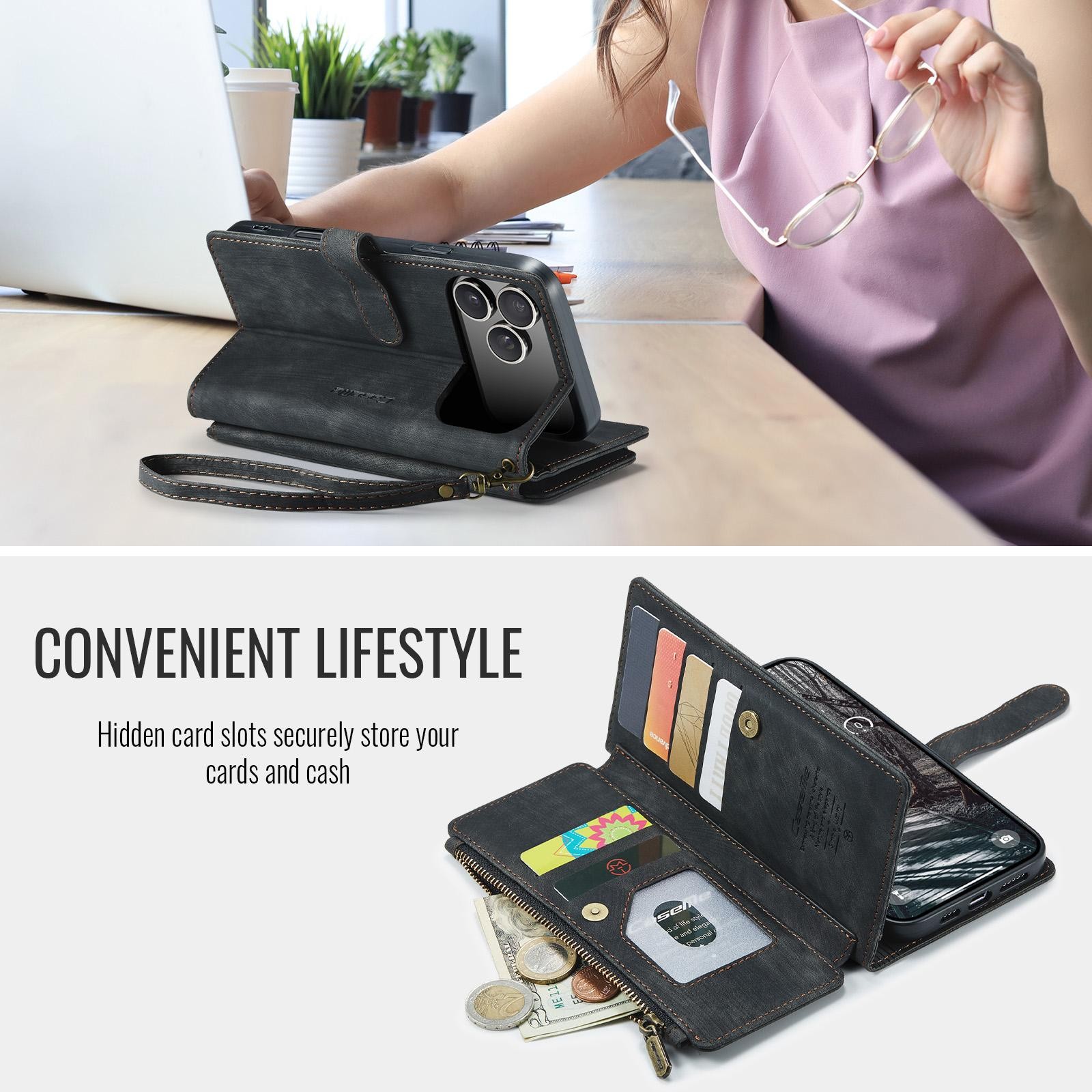 CaseMe C30 iPhone 17 Pro 5G Card Slots Zipper Θήκη Πορτοφόλι Δερμάτινη – Black