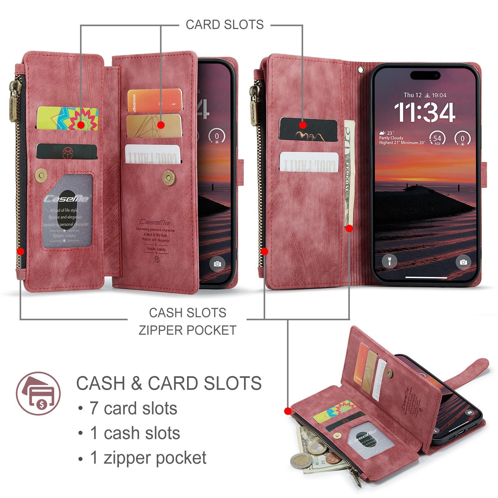 CaseMe C30 iPhone 17 Pro 5G Card Slots Zipper Θήκη Πορτοφόλι Δερμάτινη –Red