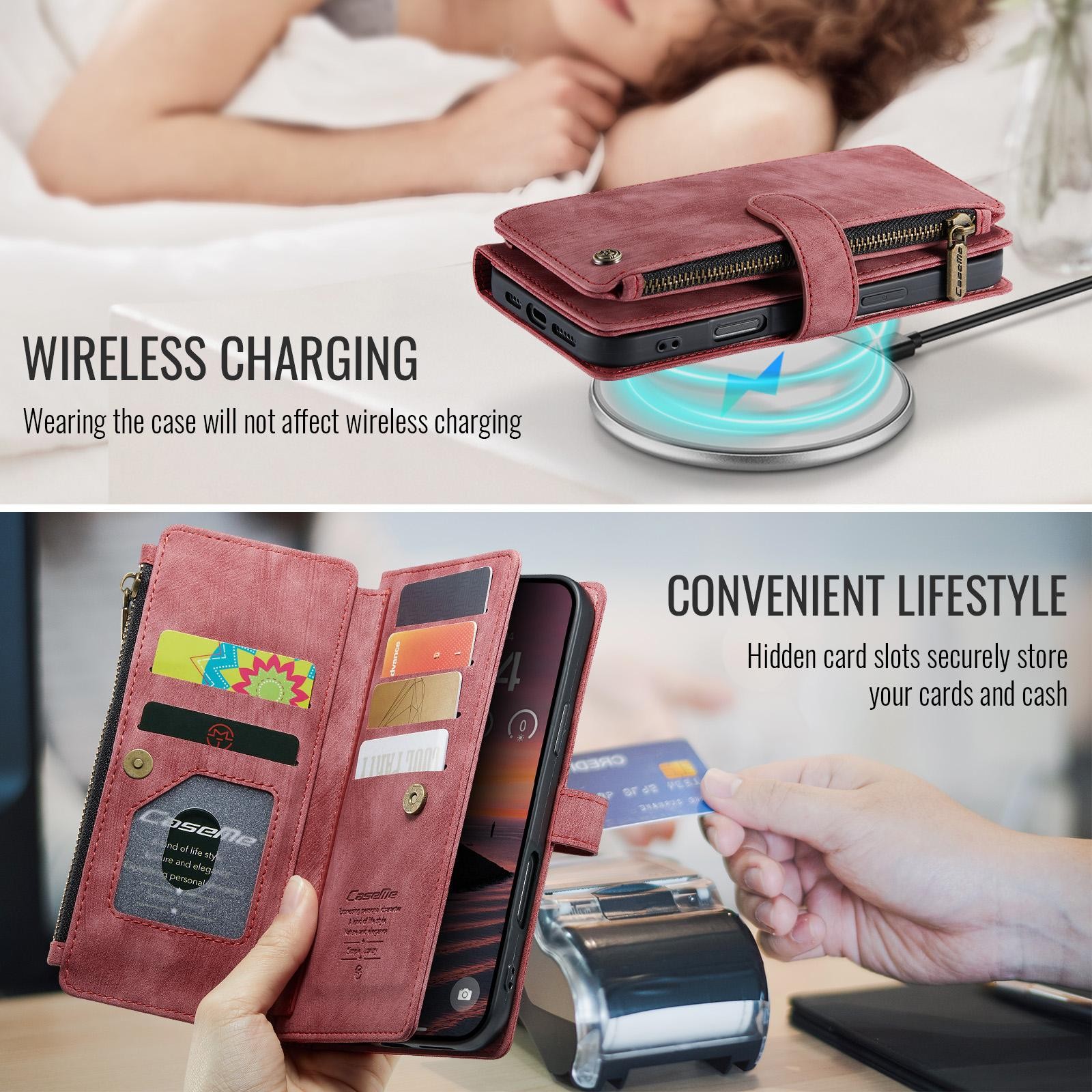 CaseMe C30 iPhone 17 Pro 5G Card Slots Zipper Θήκη Πορτοφόλι Δερμάτινη –Red