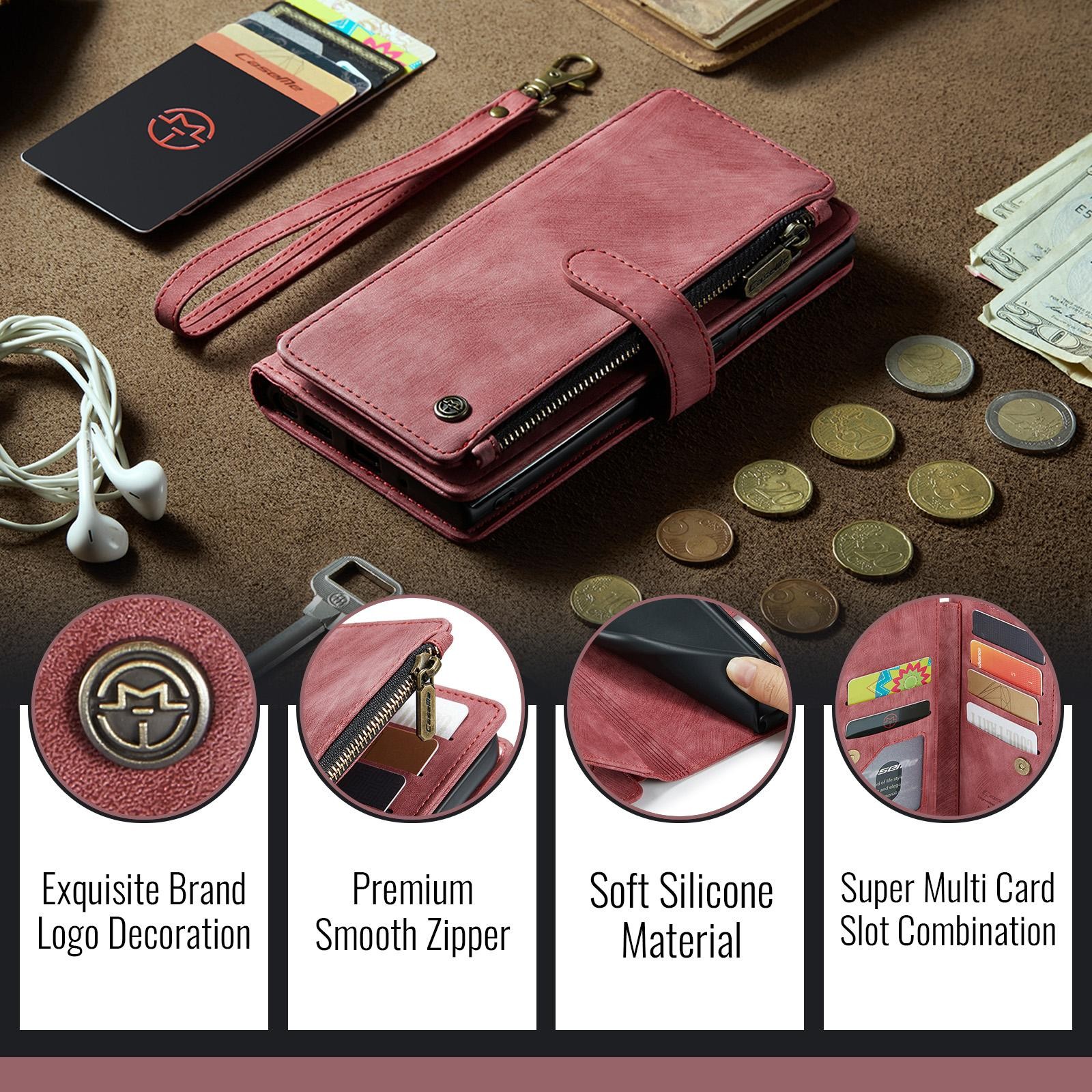 CaseMe C30 iPhone 17 Pro 5G Card Slots Zipper Θήκη Πορτοφόλι Δερμάτινη –Red