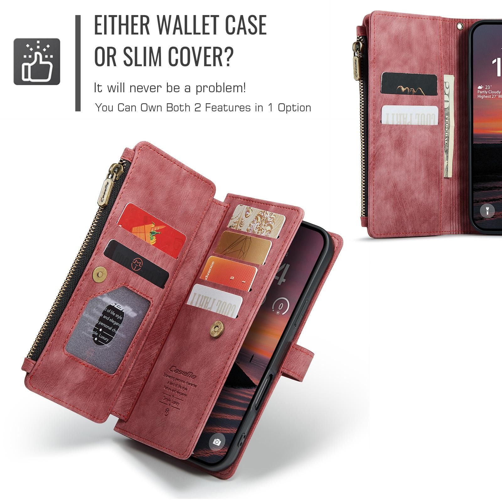 CaseMe C30 iPhone 17 Pro 5G Card Slots Zipper Θήκη Πορτοφόλι Δερμάτινη –Red