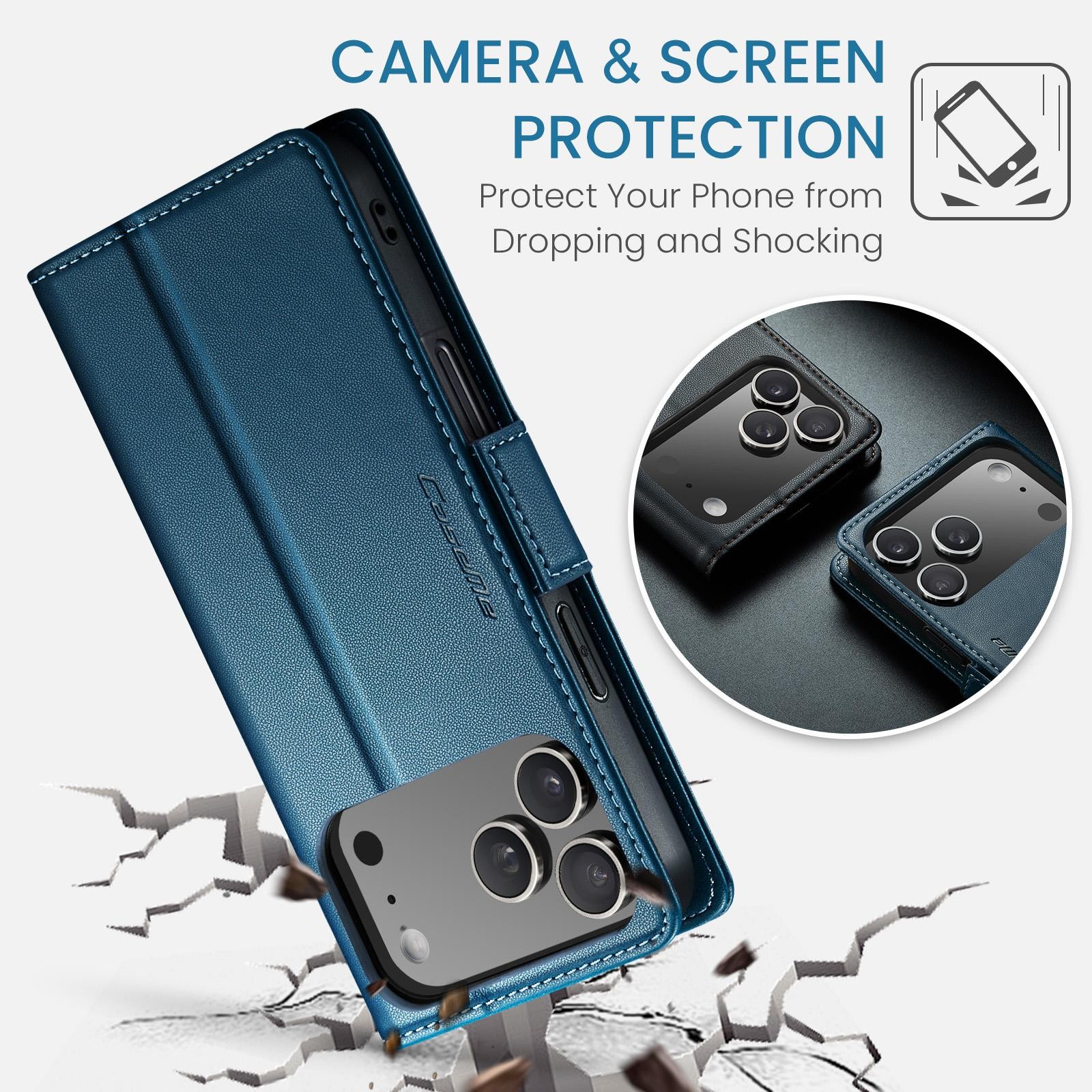 CaseMe 023 iPhone 17 Pro 5G RFID Θήκη Πορτοφόλι Δερμάτινη –Blue