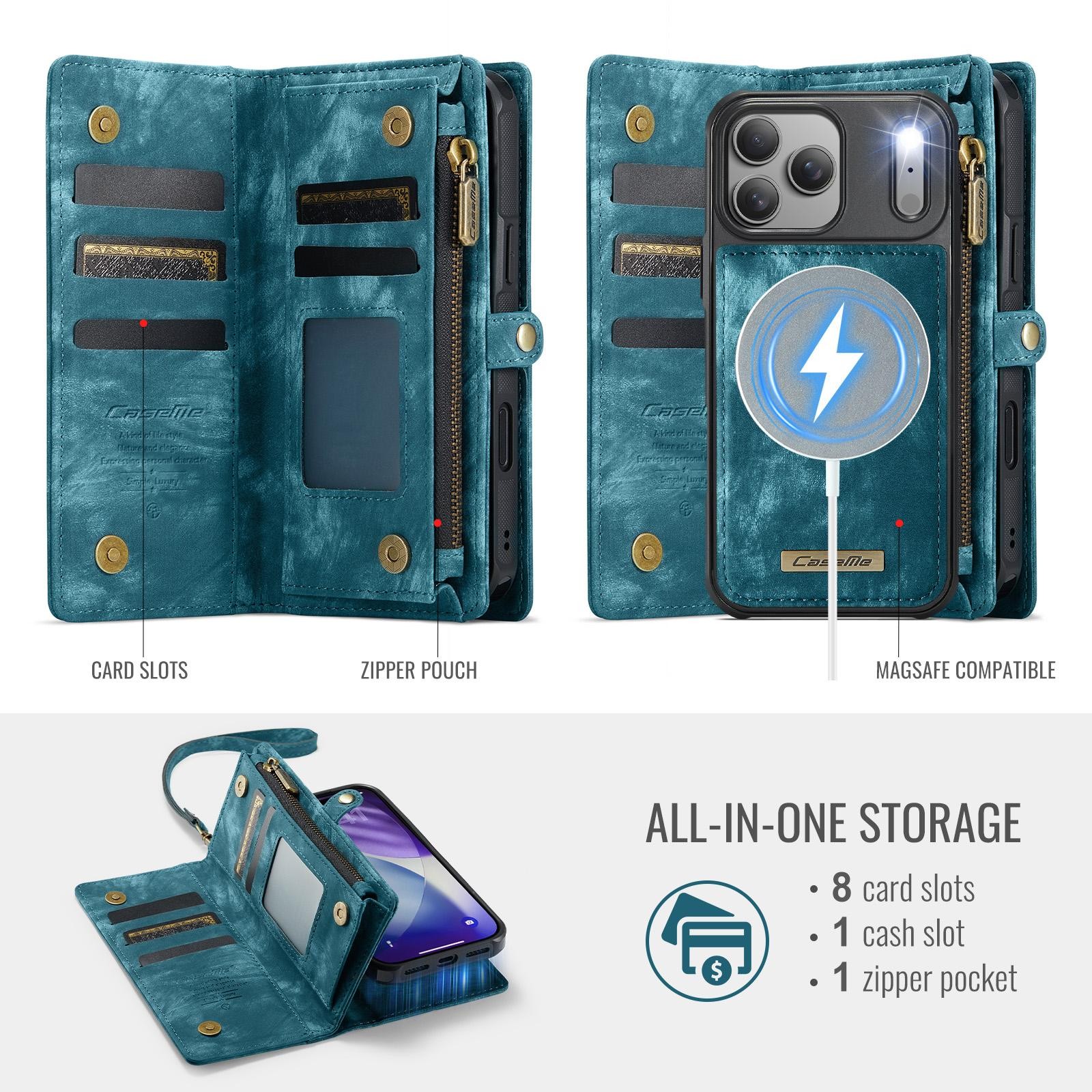 CaseMe 008 iPhone 17 Pro Max 5G Θήκη Πορτοφόλι με Αποσπώμενη Θήκη Σιλικόνης -Blue