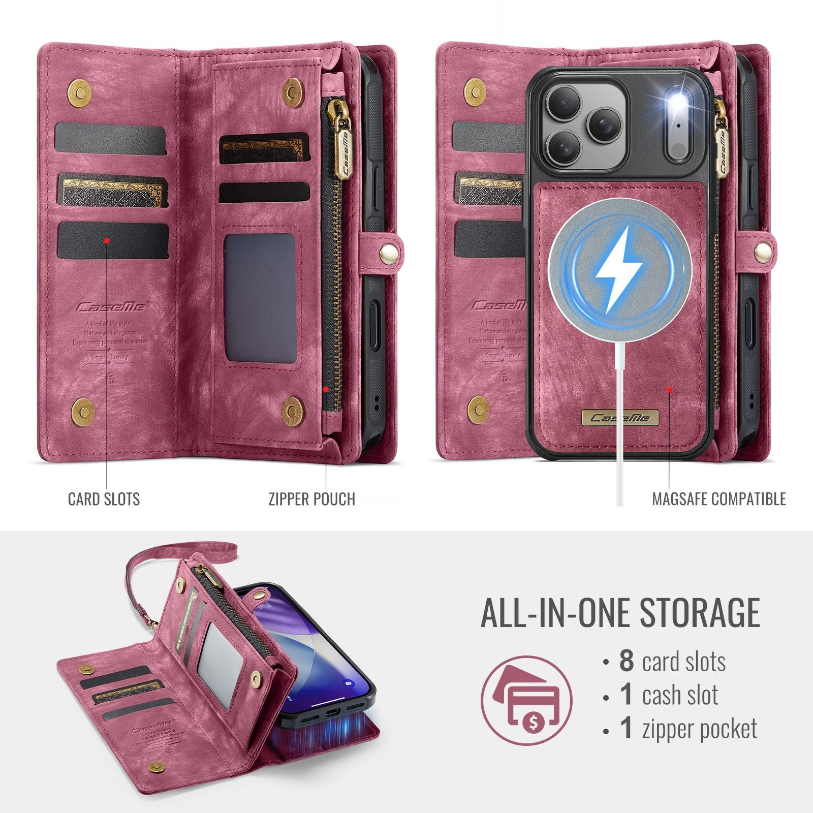 CaseMe 008 iPhone 17 Pro Max 5G Θήκη Πορτοφόλι με Αποσπώμενη Θήκη Σιλικόνης - Red