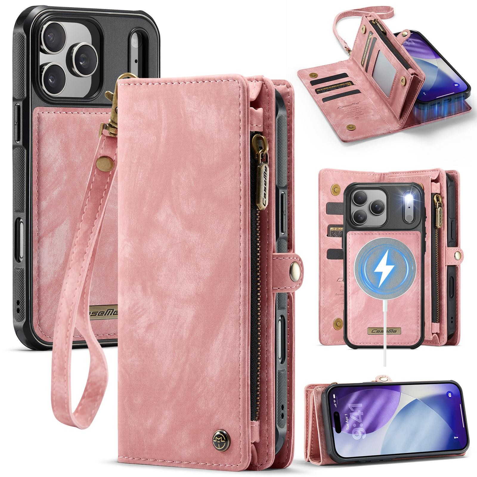 CaseMe 008 iPhone 17 Pro Max 5G Θήκη Πορτοφόλι με Αποσπώμενη Θήκη Σιλικόνης -Pink