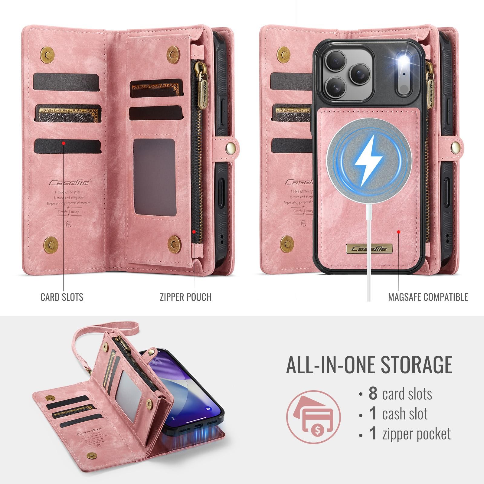CaseMe 008 iPhone 17 Pro Max 5G Θήκη Πορτοφόλι με Αποσπώμενη Θήκη Σιλικόνης -Pink