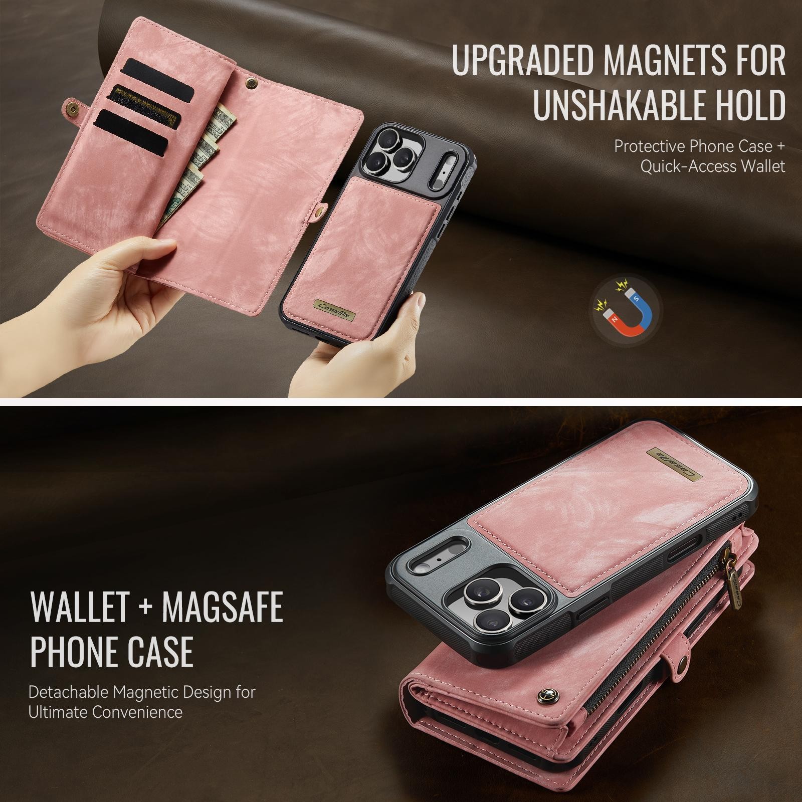 CaseMe 008 iPhone 17 Pro Max 5G Θήκη Πορτοφόλι με Αποσπώμενη Θήκη Σιλικόνης -Pink
