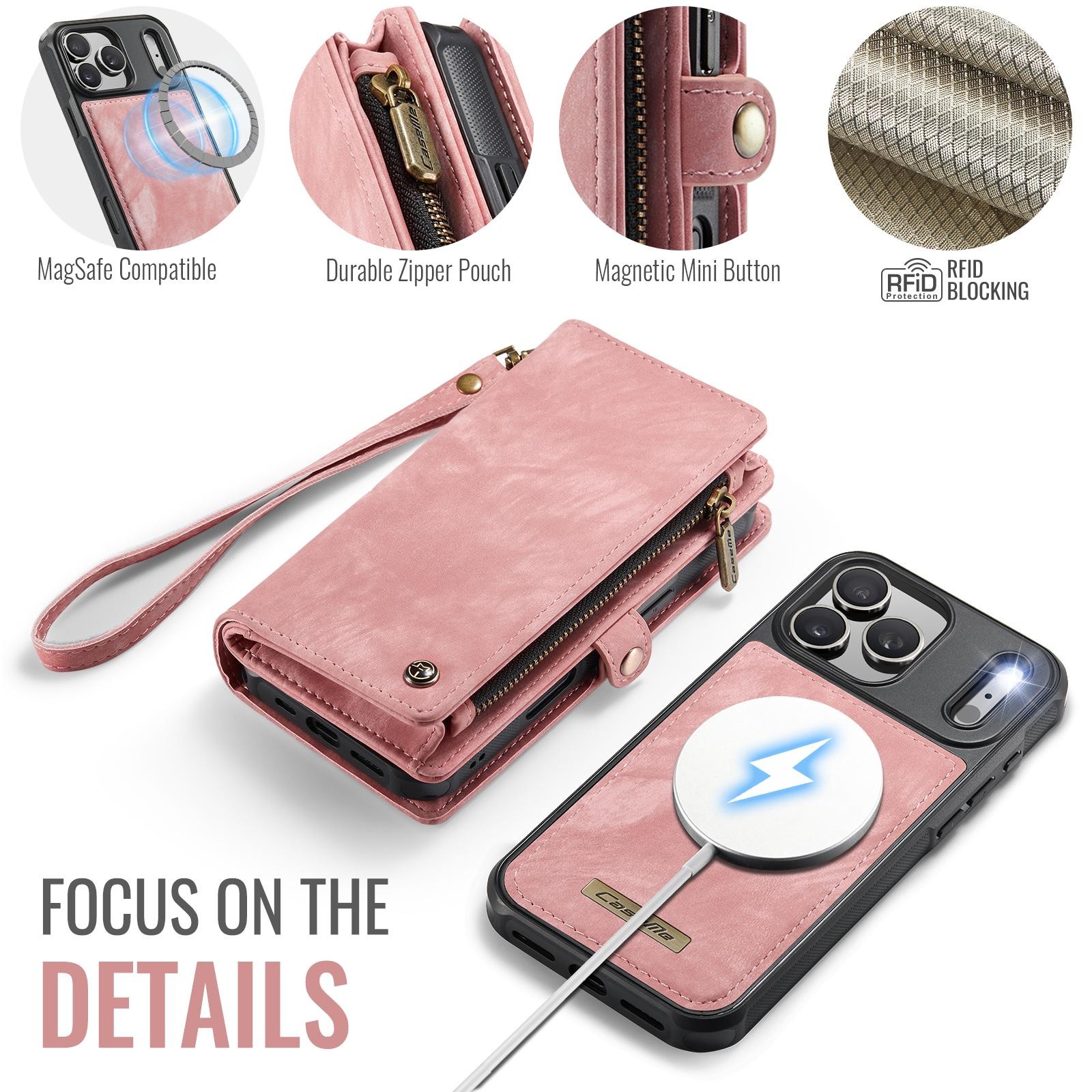 CaseMe 008 iPhone 17 Pro Max 5G Θήκη Πορτοφόλι με Αποσπώμενη Θήκη Σιλικόνης -Pink