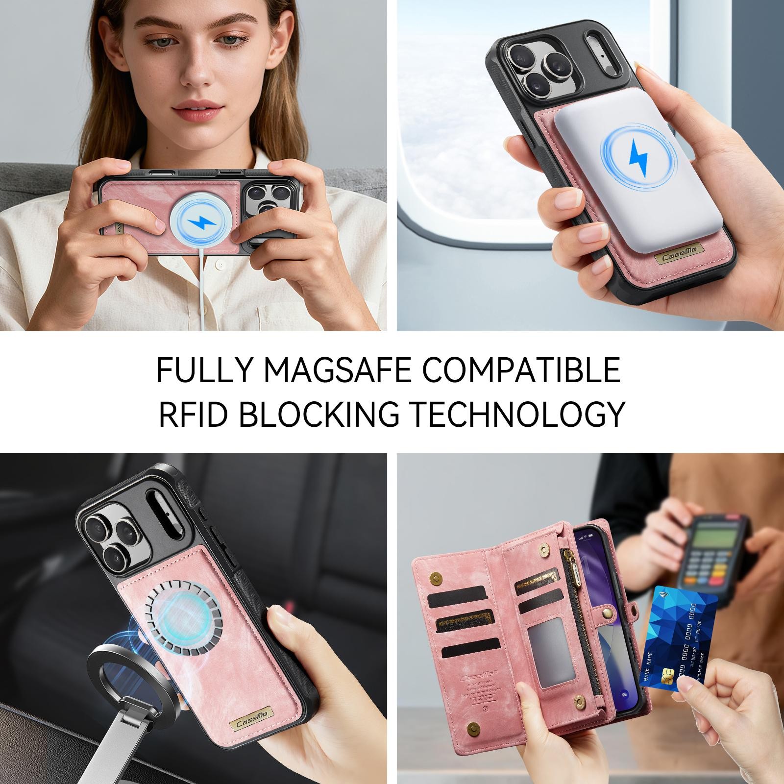 CaseMe 008 iPhone 17 Pro Max 5G Θήκη Πορτοφόλι με Αποσπώμενη Θήκη Σιλικόνης -Pink