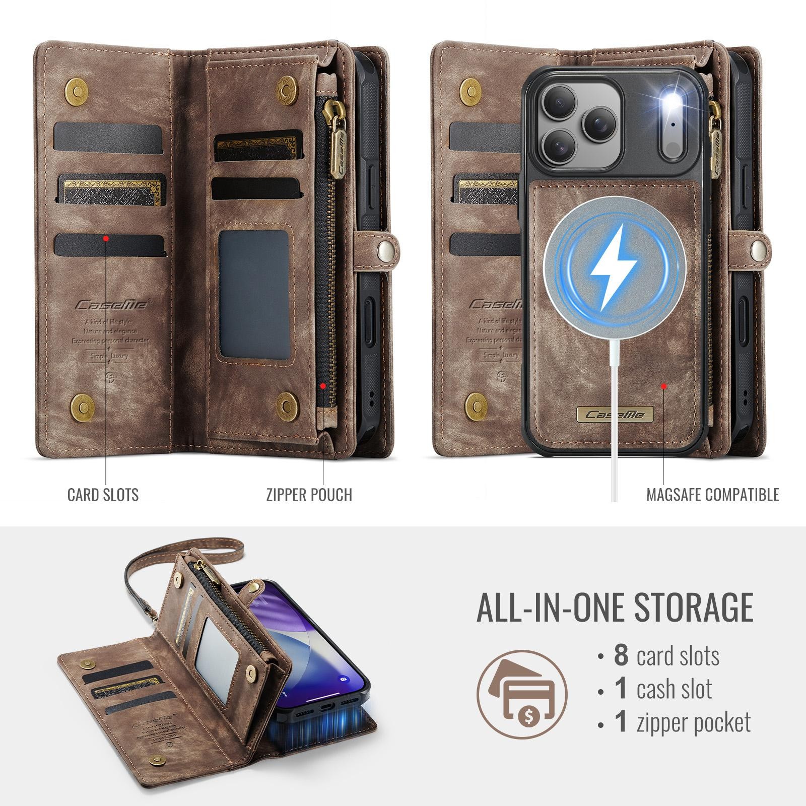 CaseMe 008 iPhone 17 Pro Max 5G Θήκη Πορτοφόλι με Αποσπώμενη Θήκη Σιλικόνης - Brown
