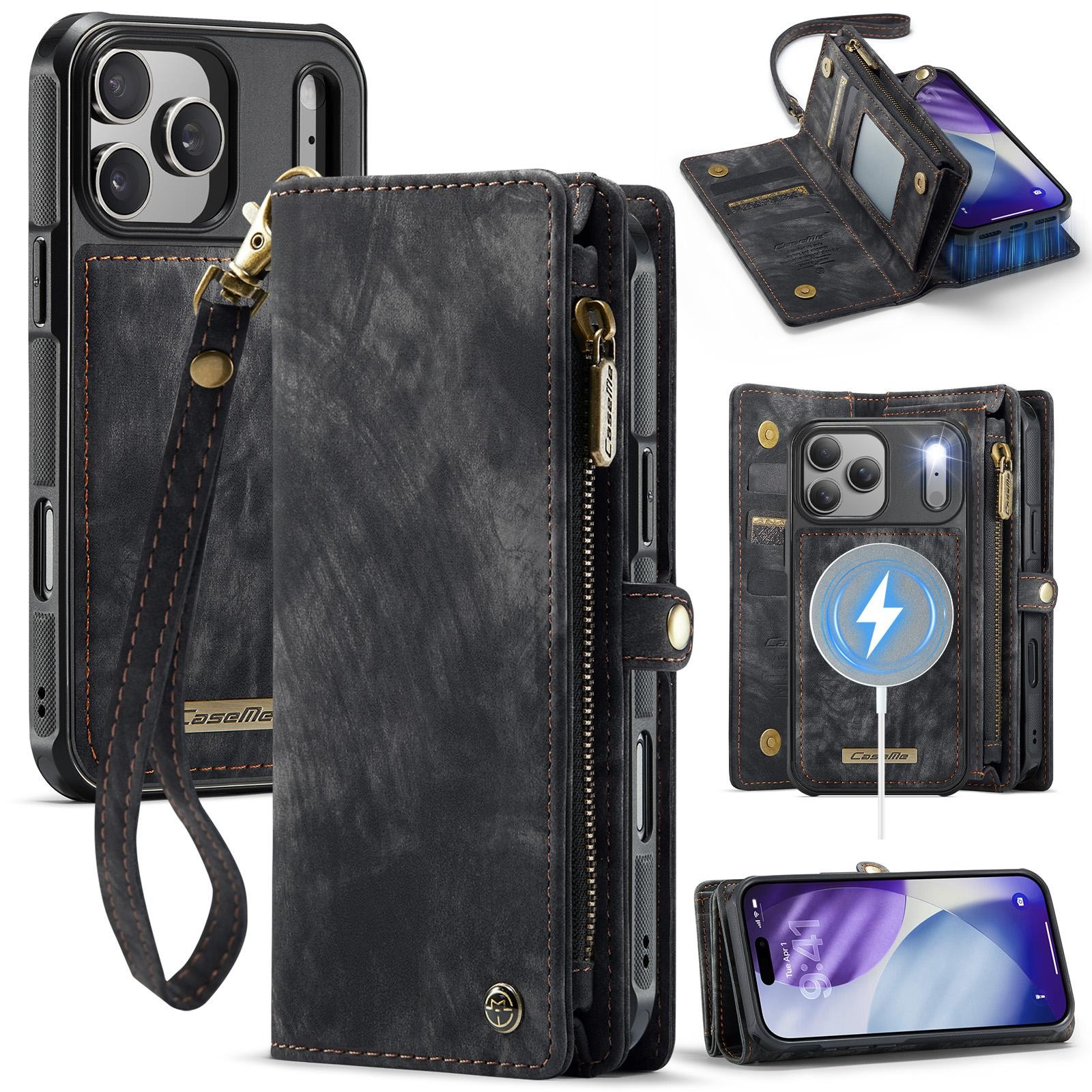 CaseMe 008 iPhone 17 Pro Max 5G Θήκη Πορτοφόλι με Αποσπώμενη Θήκη Σιλικόνης - Black