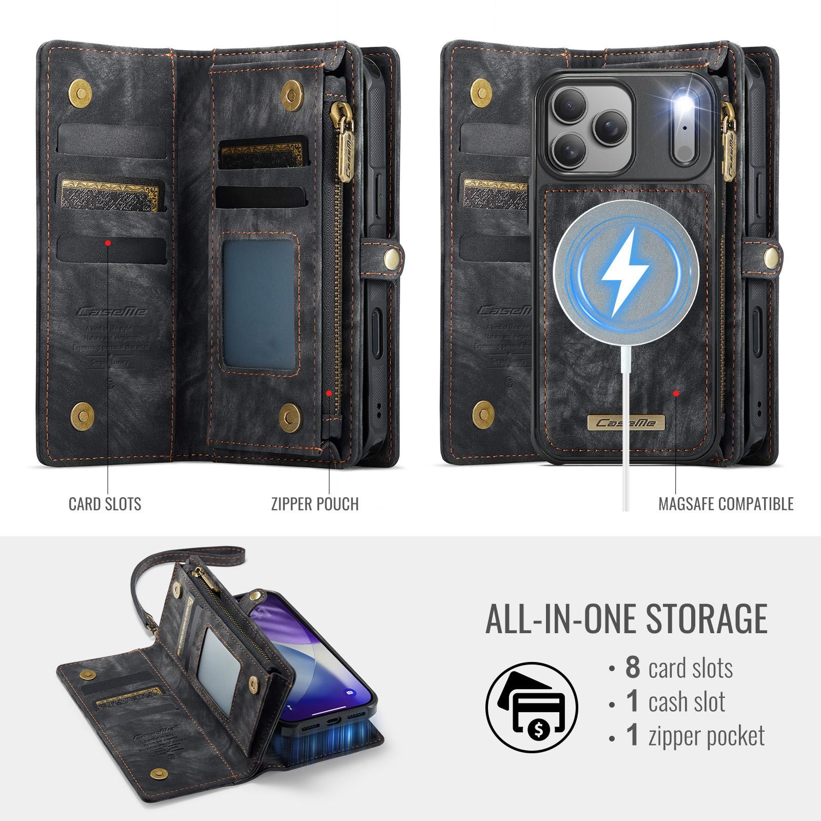 CaseMe 008 iPhone 17 Pro Max 5G Θήκη Πορτοφόλι με Αποσπώμενη Θήκη Σιλικόνης - Black