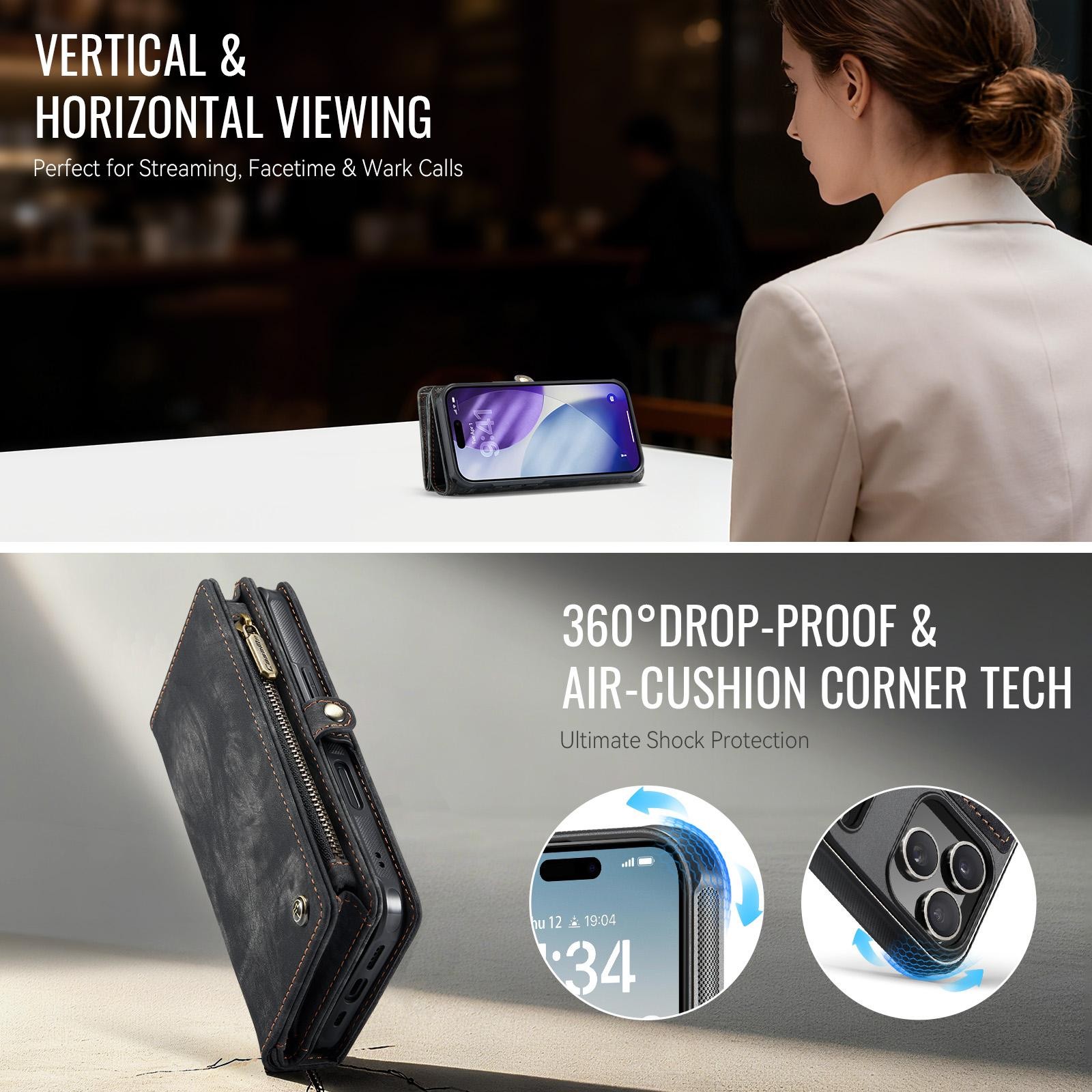 CaseMe 008 iPhone 17 Pro Max 5G Θήκη Πορτοφόλι με Αποσπώμενη Θήκη Σιλικόνης - Black