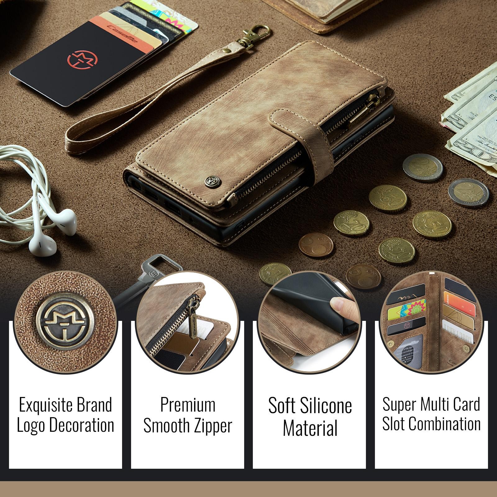 CaseMe C30 iPhone 17 Pro Max 5G Card Slots Zipper Θήκη Πορτοφόλι Δερμάτινη – Brown