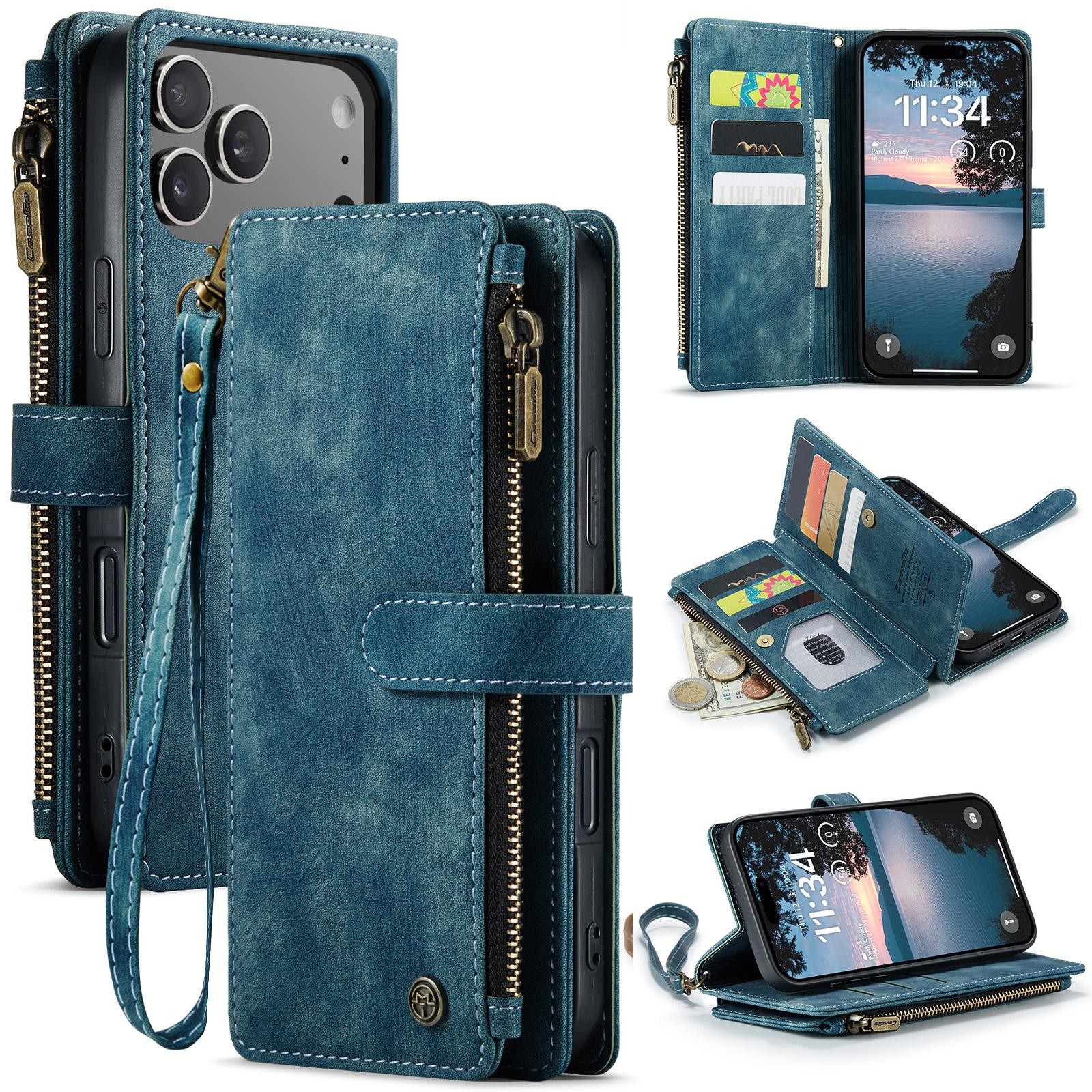 CaseMe C30 iPhone 17 Pro Max 5G Card Slots Zipper Θήκη Πορτοφόλι Δερμάτινη –Blue