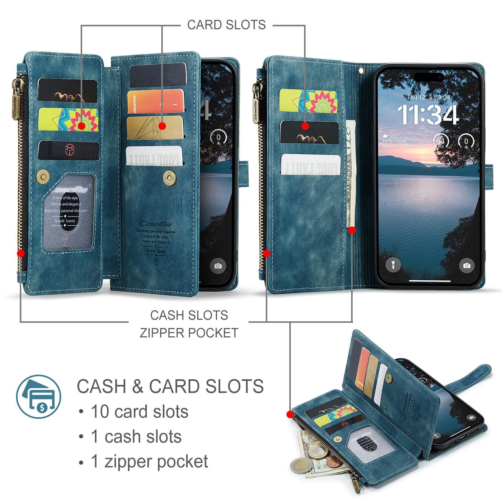 CaseMe C30 iPhone 17 Pro Max 5G Card Slots Zipper Θήκη Πορτοφόλι Δερμάτινη –Blue