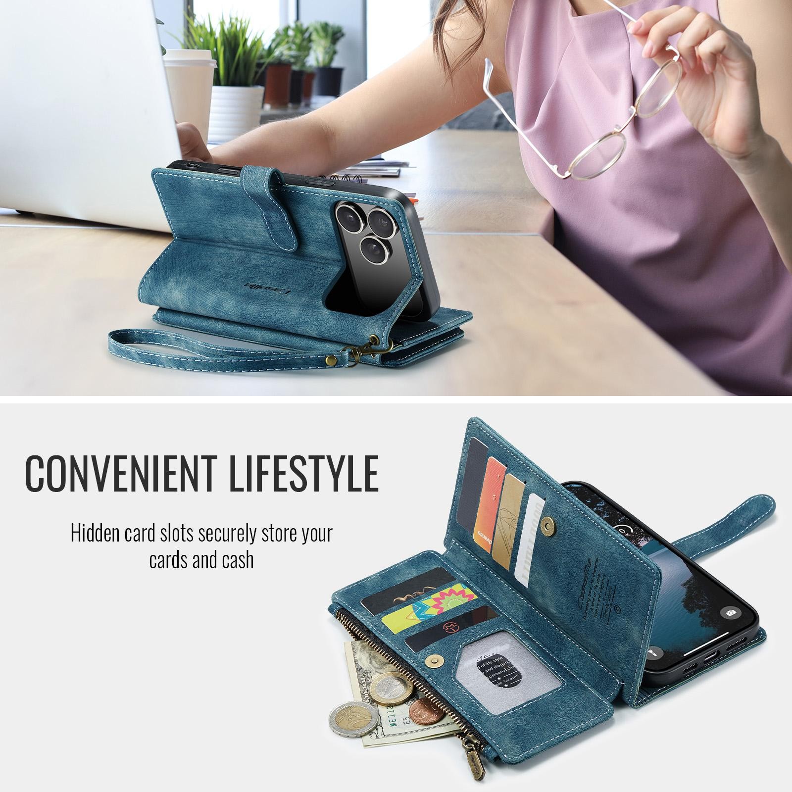 CaseMe C30 iPhone 17 Pro Max 5G Card Slots Zipper Θήκη Πορτοφόλι Δερμάτινη –Blue