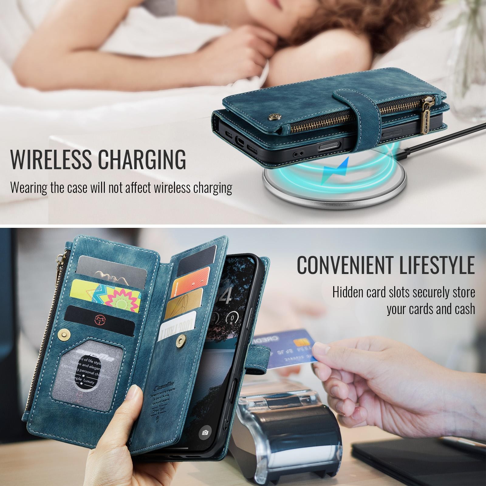 CaseMe C30 iPhone 17 Pro Max 5G Card Slots Zipper Θήκη Πορτοφόλι Δερμάτινη –Blue