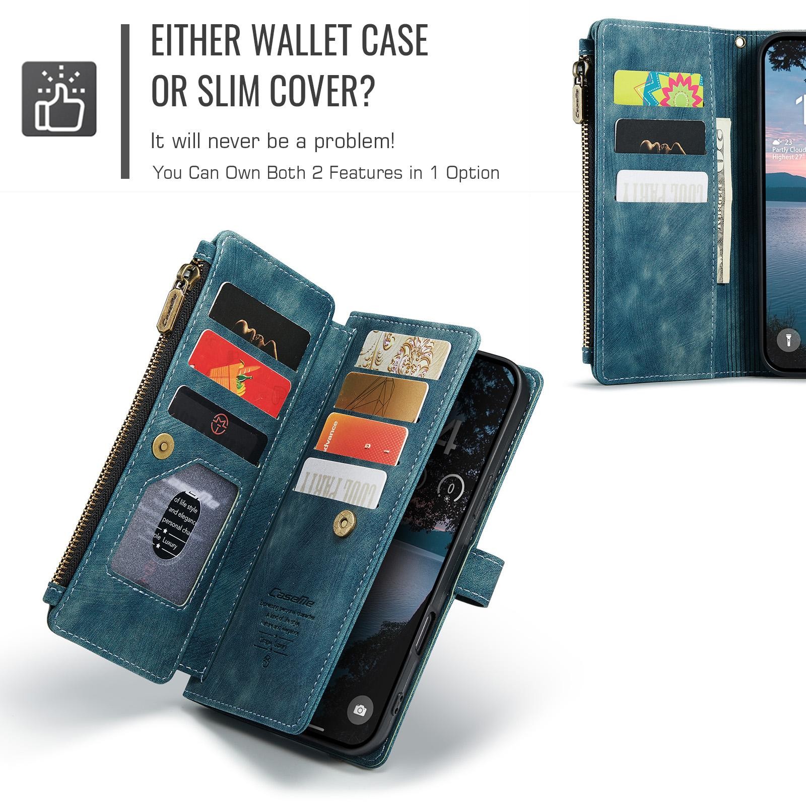CaseMe C30 iPhone 17 Pro Max 5G Card Slots Zipper Θήκη Πορτοφόλι Δερμάτινη –Blue