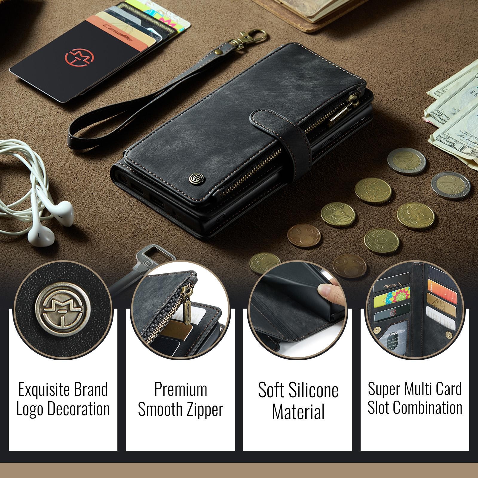 CaseMe C30 iPhone 17 Pro Max 5G Card Slots Zipper Θήκη Πορτοφόλι Δερμάτινη –Black