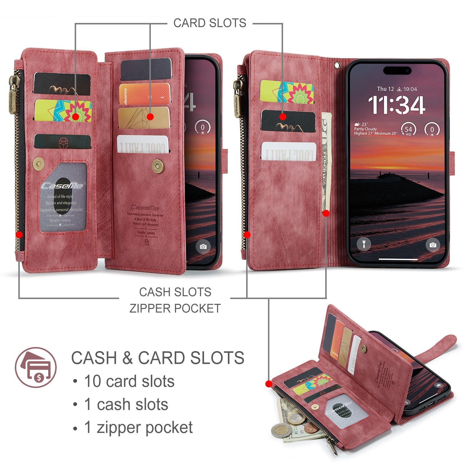 CaseMe C30 iPhone 17 Pro Max 5G Card Slots Zipper Θήκη Πορτοφόλι Δερμάτινη –Red