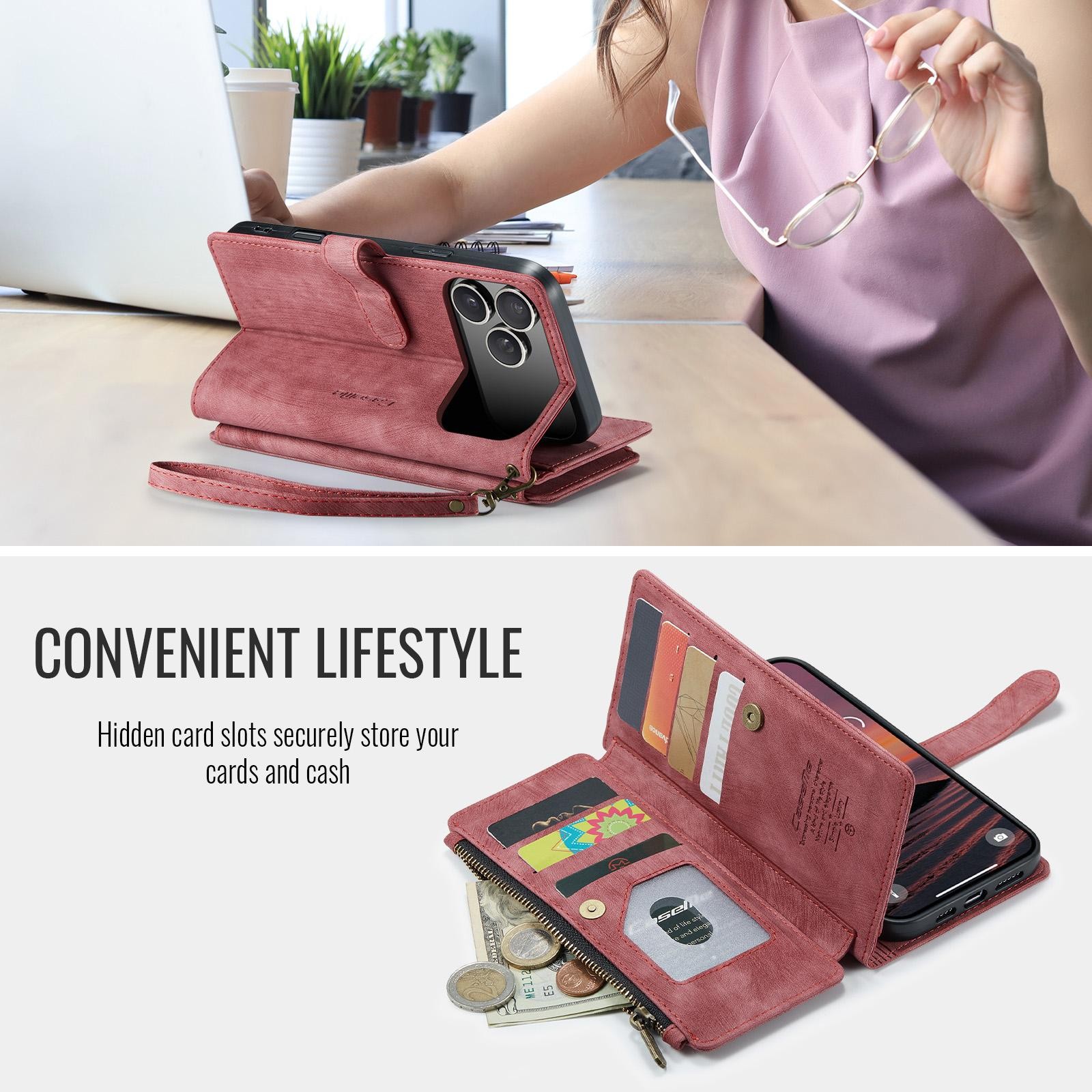 CaseMe C30 iPhone 17 Pro Max 5G Card Slots Zipper Θήκη Πορτοφόλι Δερμάτινη –Red