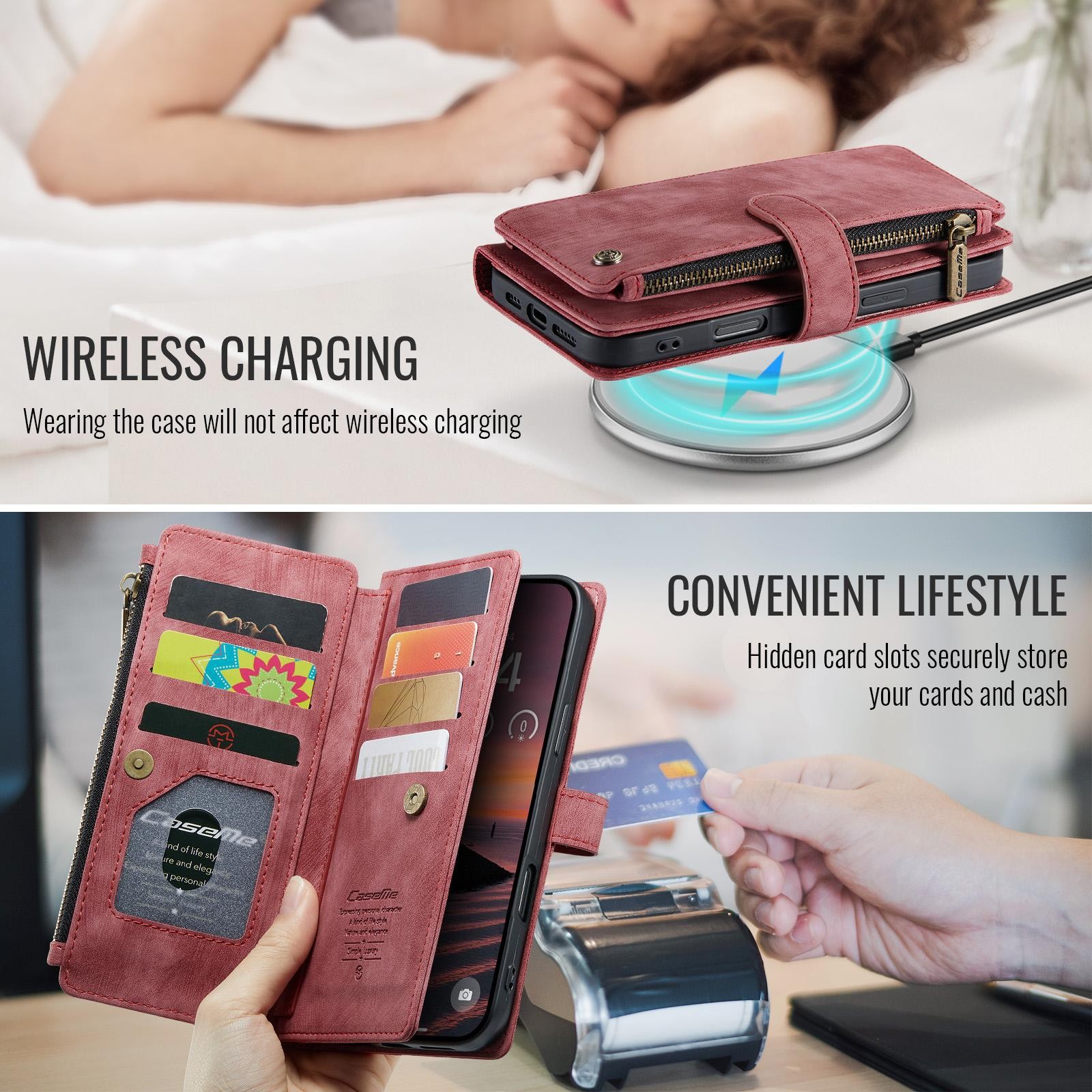 CaseMe C30 iPhone 17 Pro Max 5G Card Slots Zipper Θήκη Πορτοφόλι Δερμάτινη –Red