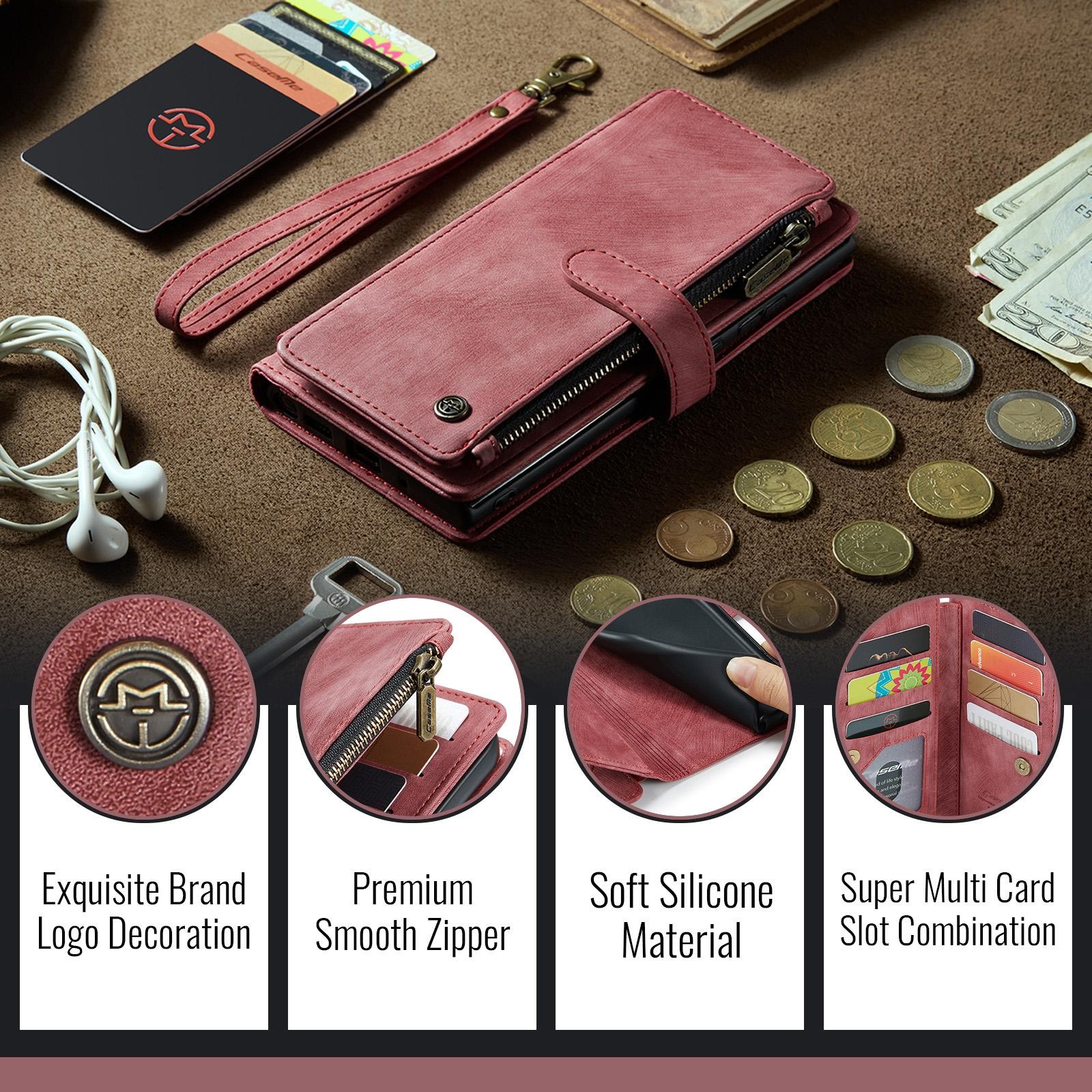 CaseMe C30 iPhone 17 Pro Max 5G Card Slots Zipper Θήκη Πορτοφόλι Δερμάτινη –Red
