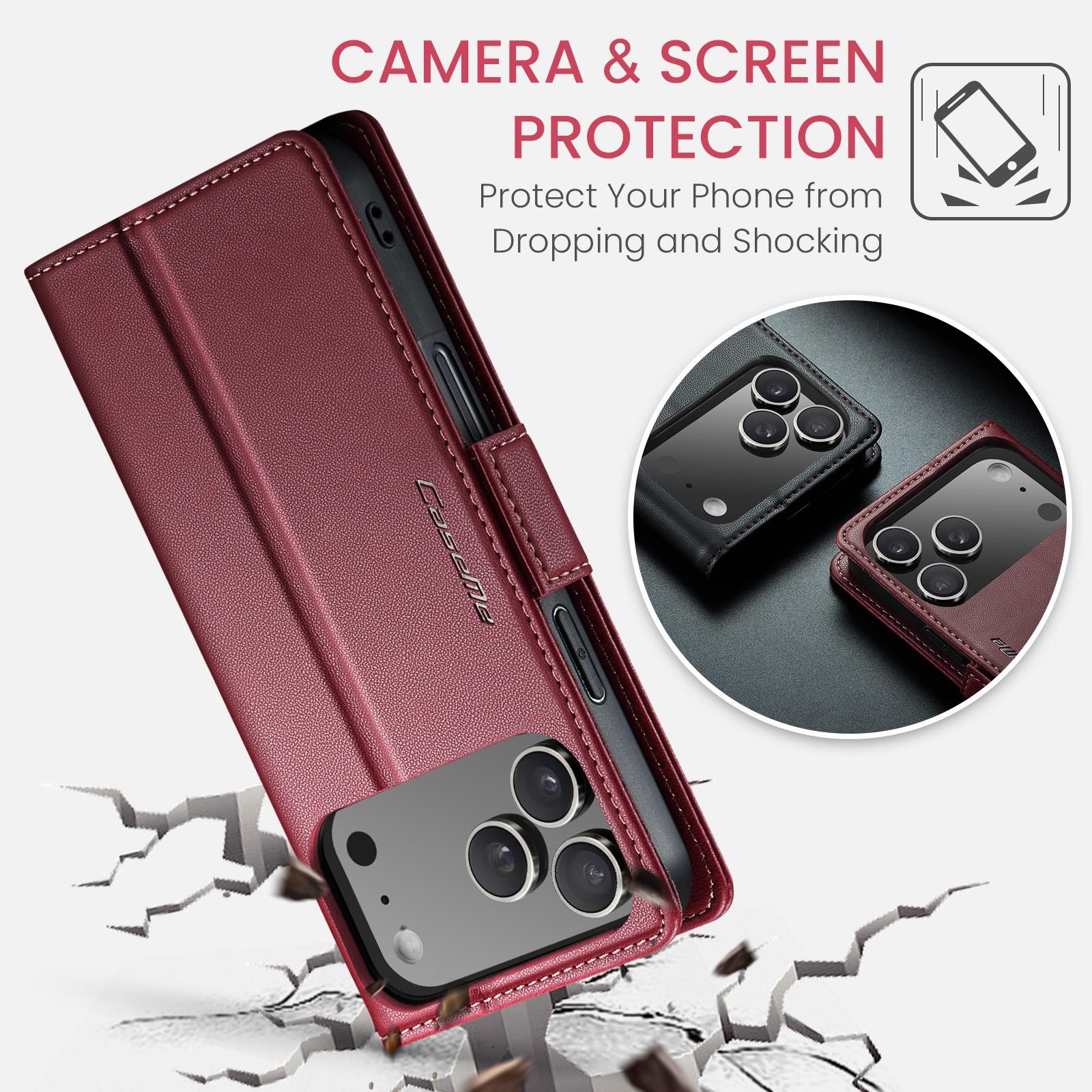 CaseMe 023 iPhone 17 Pro Max 5G RFID Θήκη Πορτοφόλι Δερμάτινη –Red