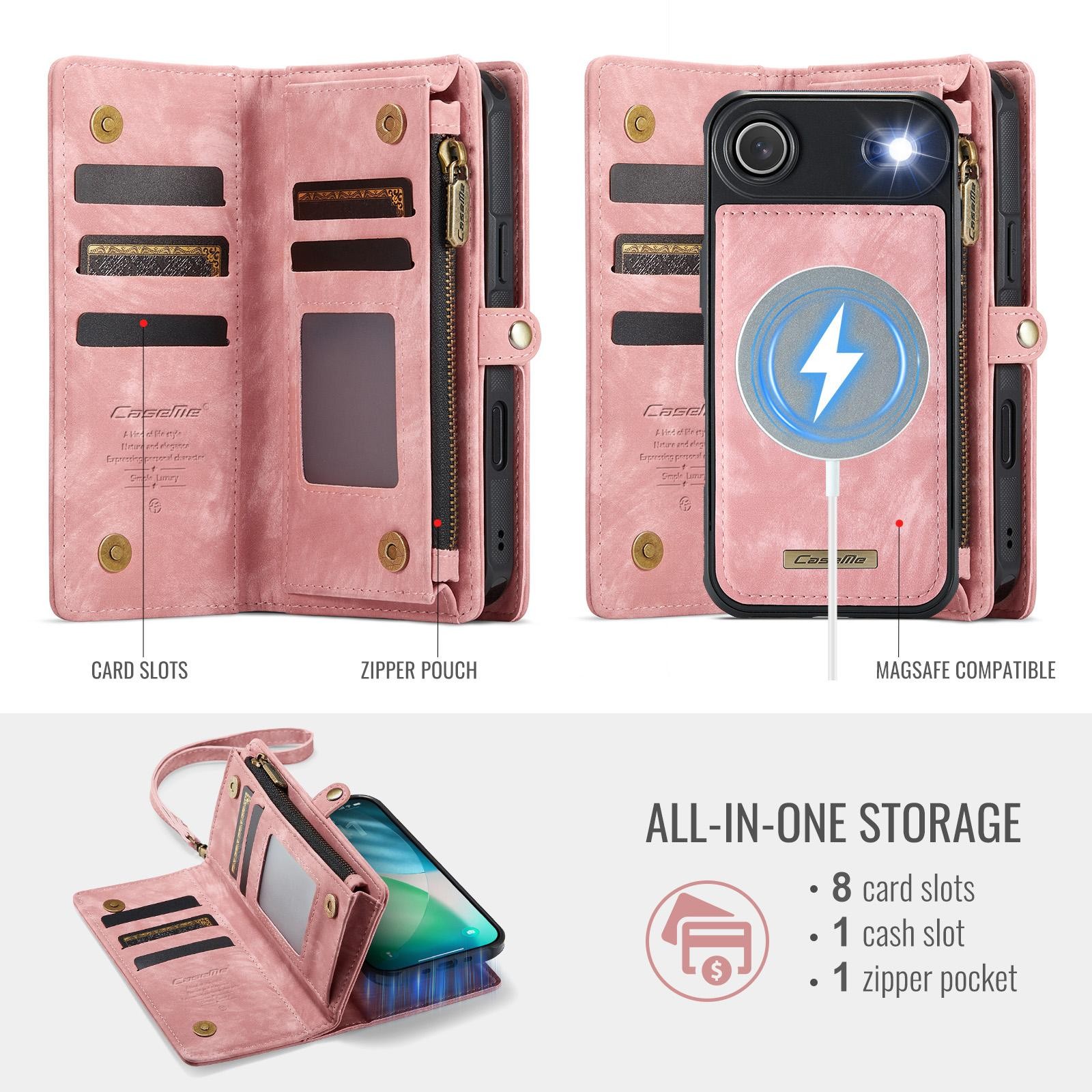 CaseMe 008 iPhone 17 Air Θήκη Πορτοφόλι με Αποσπώμενη Θήκη Σιλικόνης -Pink