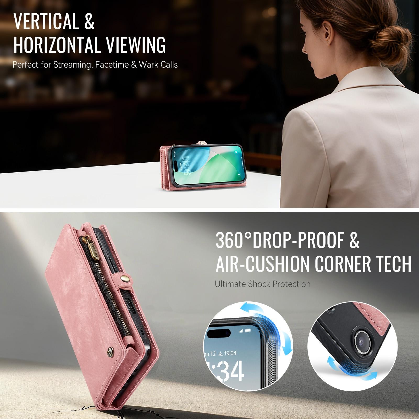 CaseMe 008 iPhone 17 Air Θήκη Πορτοφόλι με Αποσπώμενη Θήκη Σιλικόνης -Pink