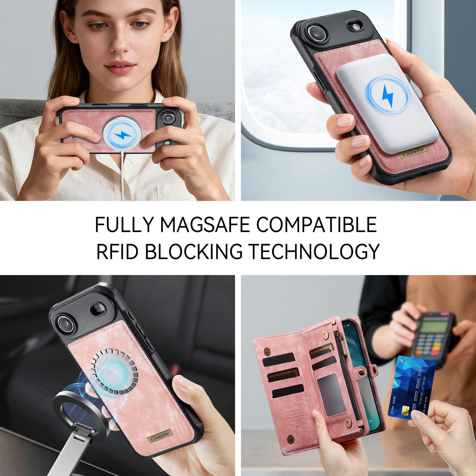 CaseMe 008 iPhone 17 Air Θήκη Πορτοφόλι με Αποσπώμενη Θήκη Σιλικόνης -Pink