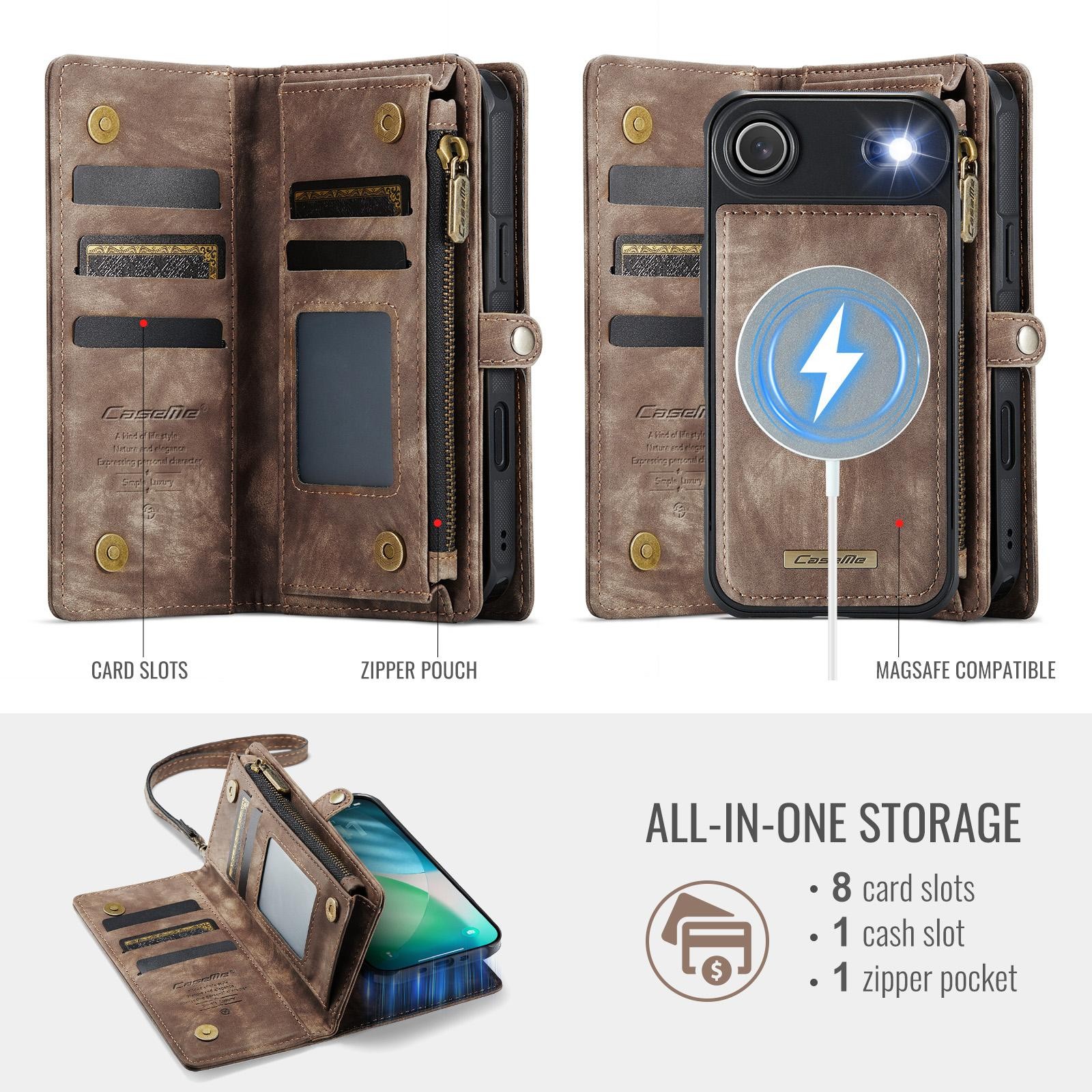 CaseMe 008 iPhone 17 Air Θήκη Πορτοφόλι με Αποσπώμενη Θήκη Σιλικόνης -Brown