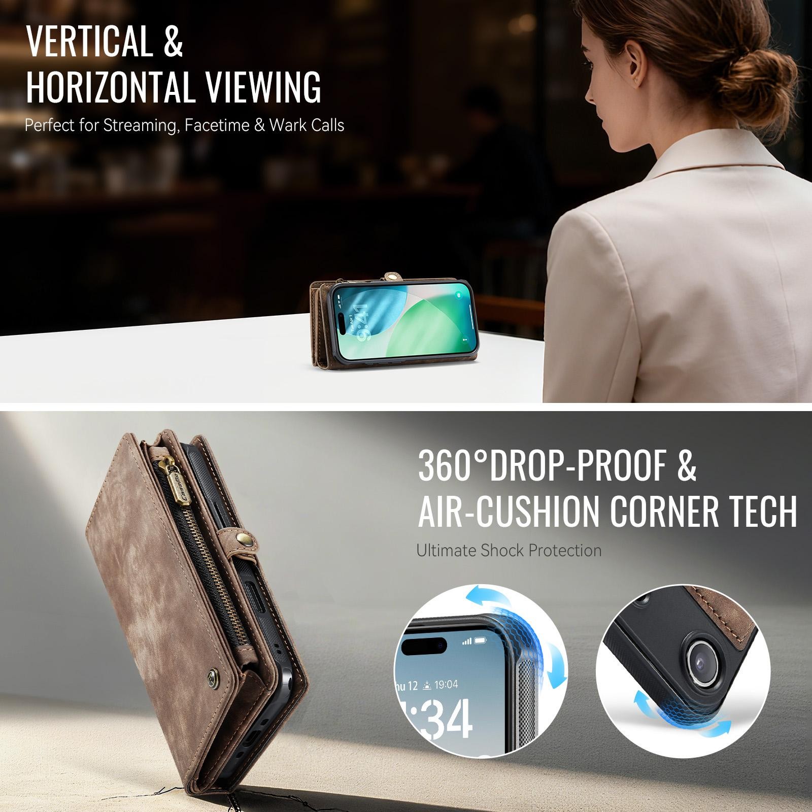 CaseMe 008 iPhone 17 Air Θήκη Πορτοφόλι με Αποσπώμενη Θήκη Σιλικόνης -Brown