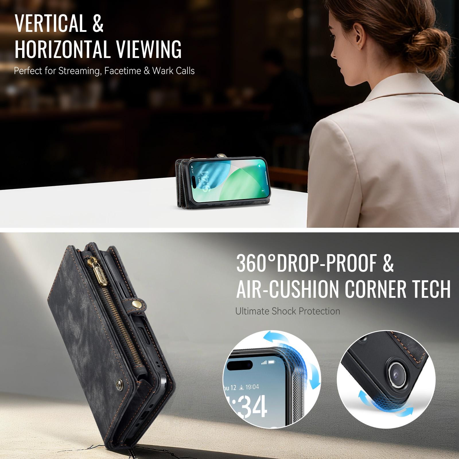 CaseMe 008 iPhone 17 Air Θήκη Πορτοφόλι με Αποσπώμενη Θήκη Σιλικόνης - Black