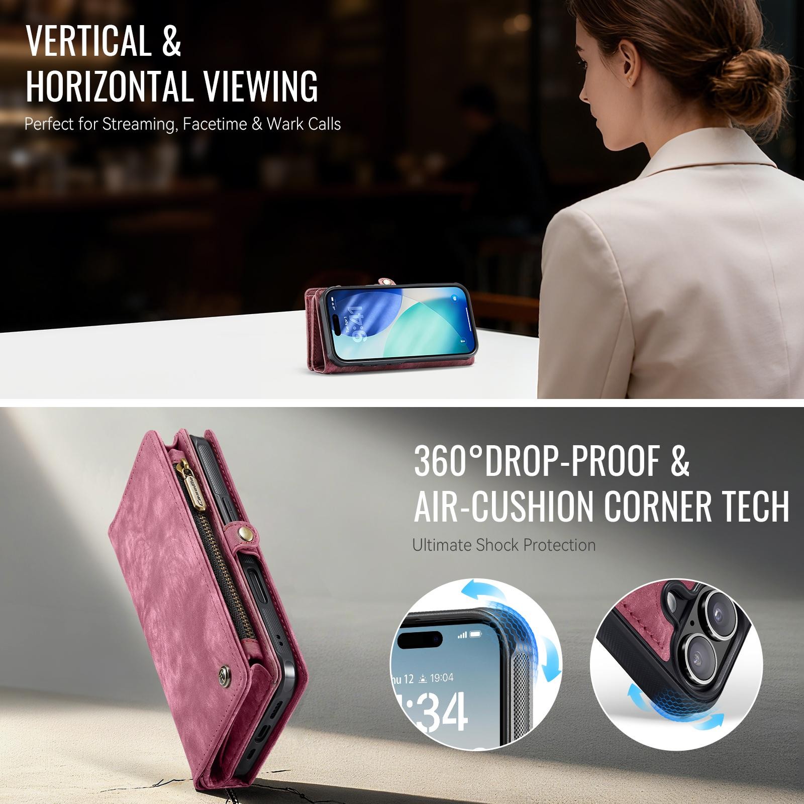 CaseMe 008 iPhone 17 Θήκη Πορτοφόλι με Αποσπώμενη Θήκη Σιλικόνης -Red