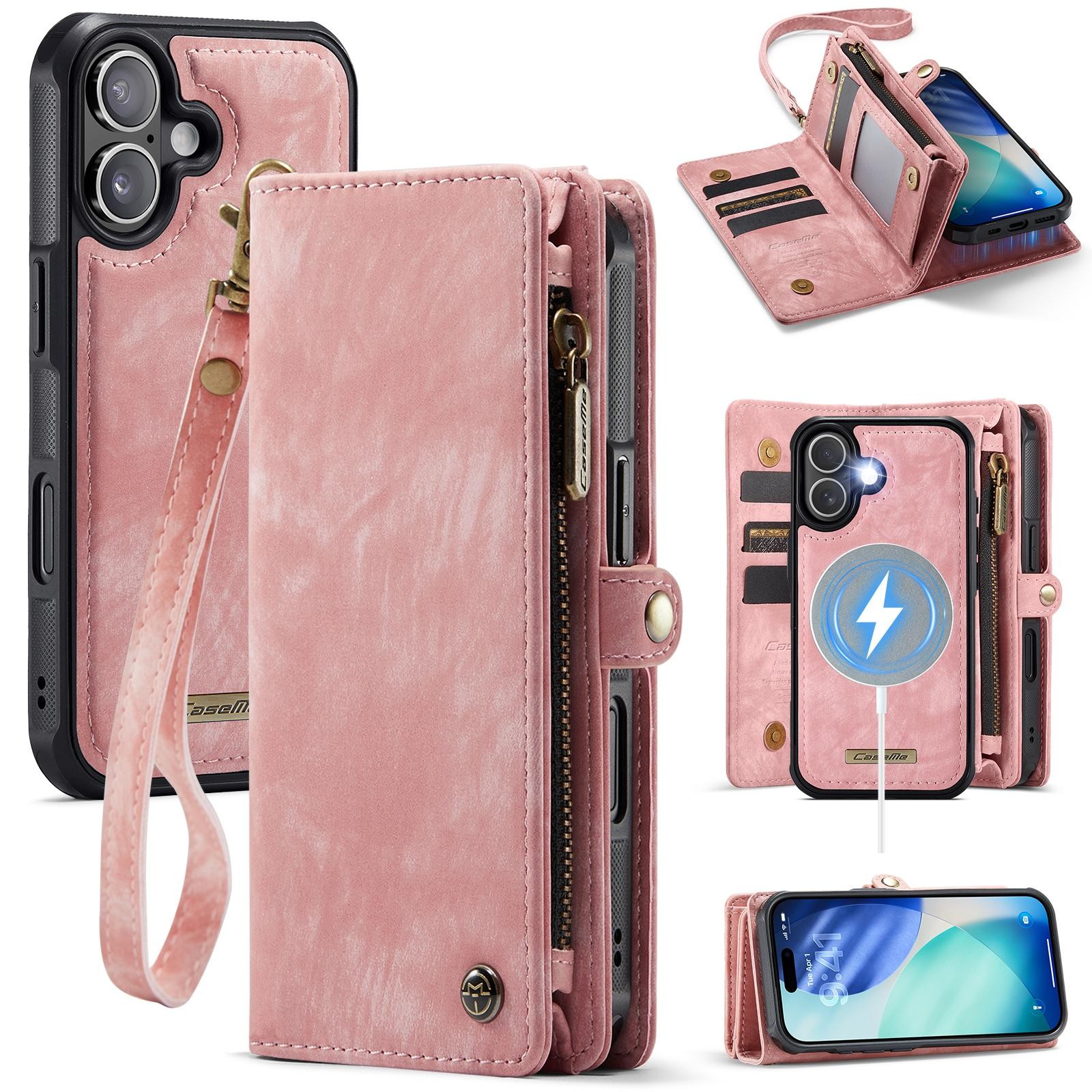 CaseMe 008 iPhone 17 Θήκη Πορτοφόλι με Αποσπώμενη Θήκη Σιλικόνης -Pink