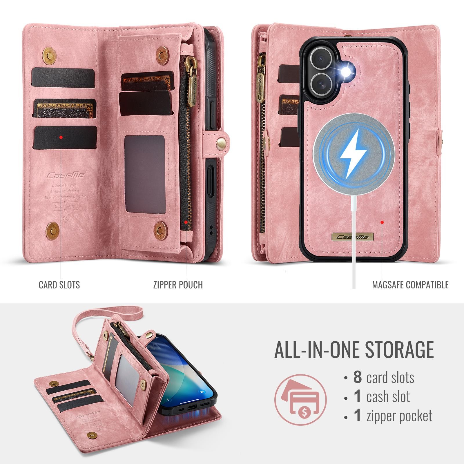 CaseMe 008 iPhone 17 Θήκη Πορτοφόλι με Αποσπώμενη Θήκη Σιλικόνης -Pink