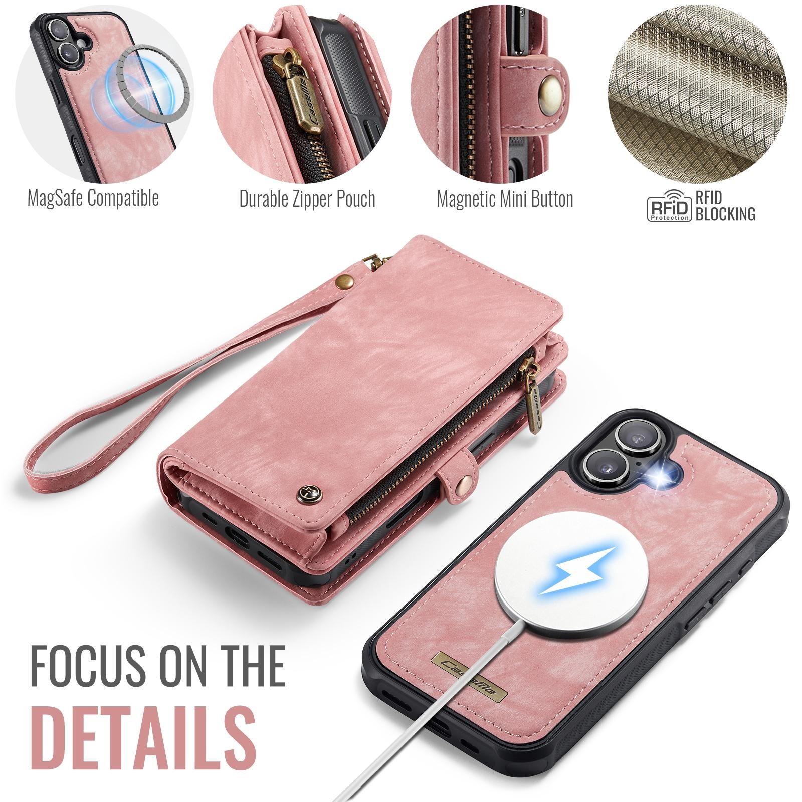 CaseMe 008 iPhone 17 Θήκη Πορτοφόλι με Αποσπώμενη Θήκη Σιλικόνης -Pink