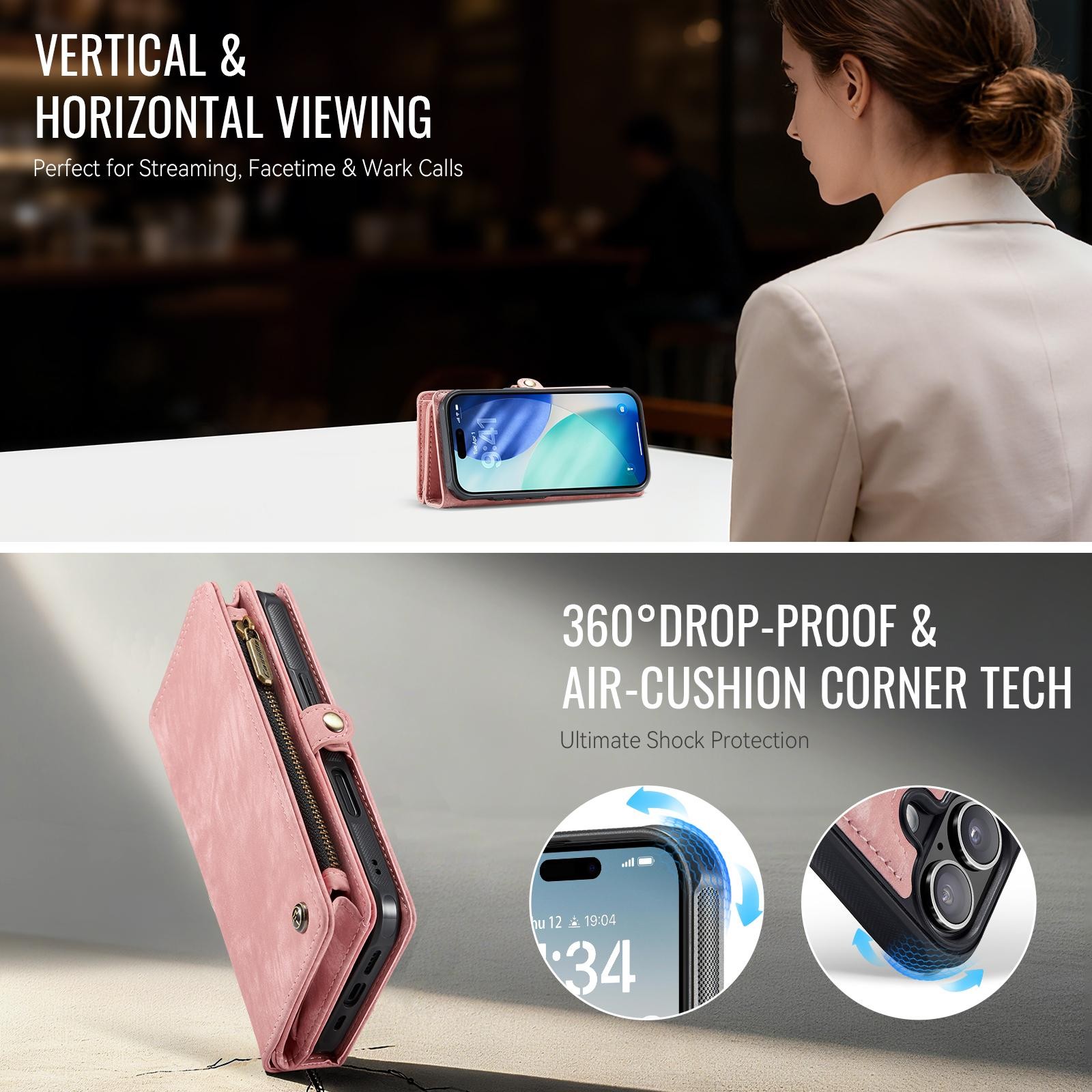 CaseMe 008 iPhone 17 Θήκη Πορτοφόλι με Αποσπώμενη Θήκη Σιλικόνης -Pink