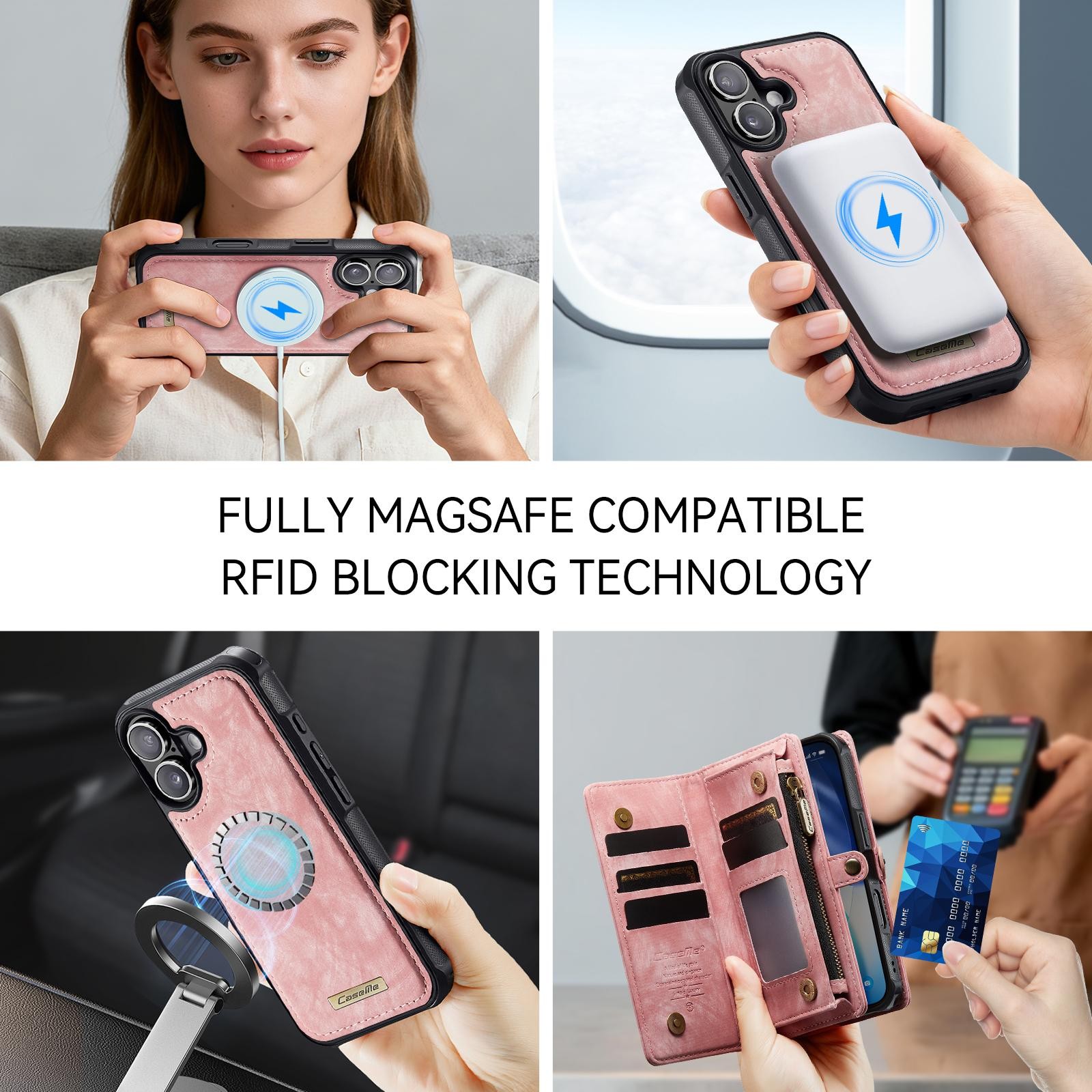 CaseMe 008 iPhone 17 Θήκη Πορτοφόλι με Αποσπώμενη Θήκη Σιλικόνης -Pink