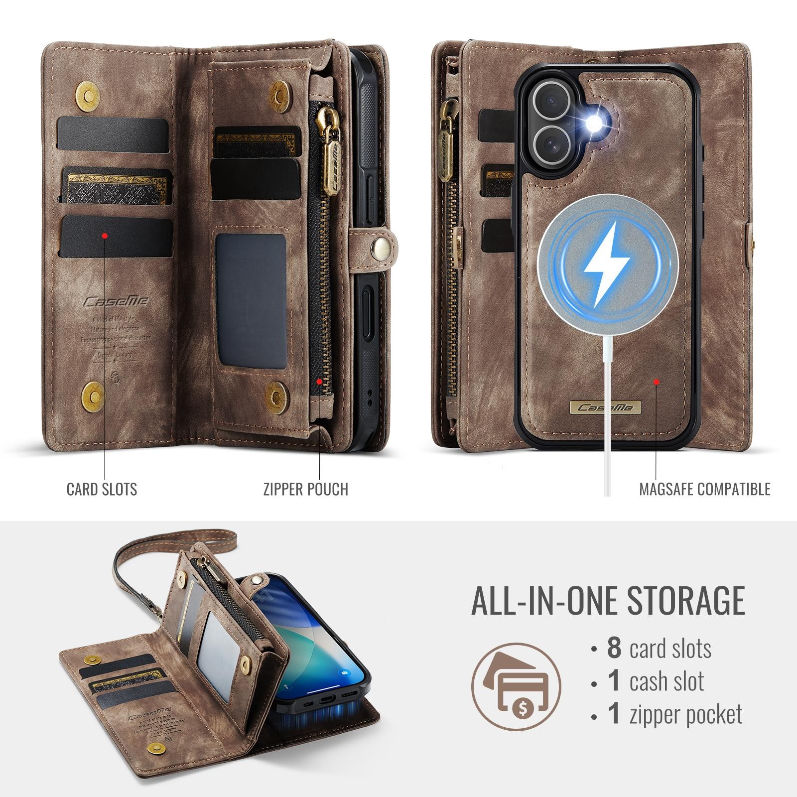 CaseMe 008 iPhone 17 Θήκη Πορτοφόλι με Αποσπώμενη Θήκη Σιλικόνης -Brown