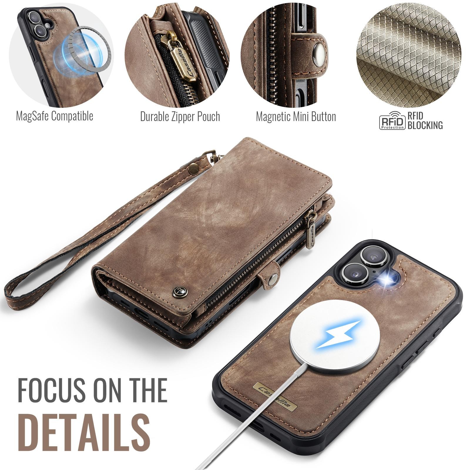 CaseMe 008 iPhone 17 Θήκη Πορτοφόλι με Αποσπώμενη Θήκη Σιλικόνης -Brown