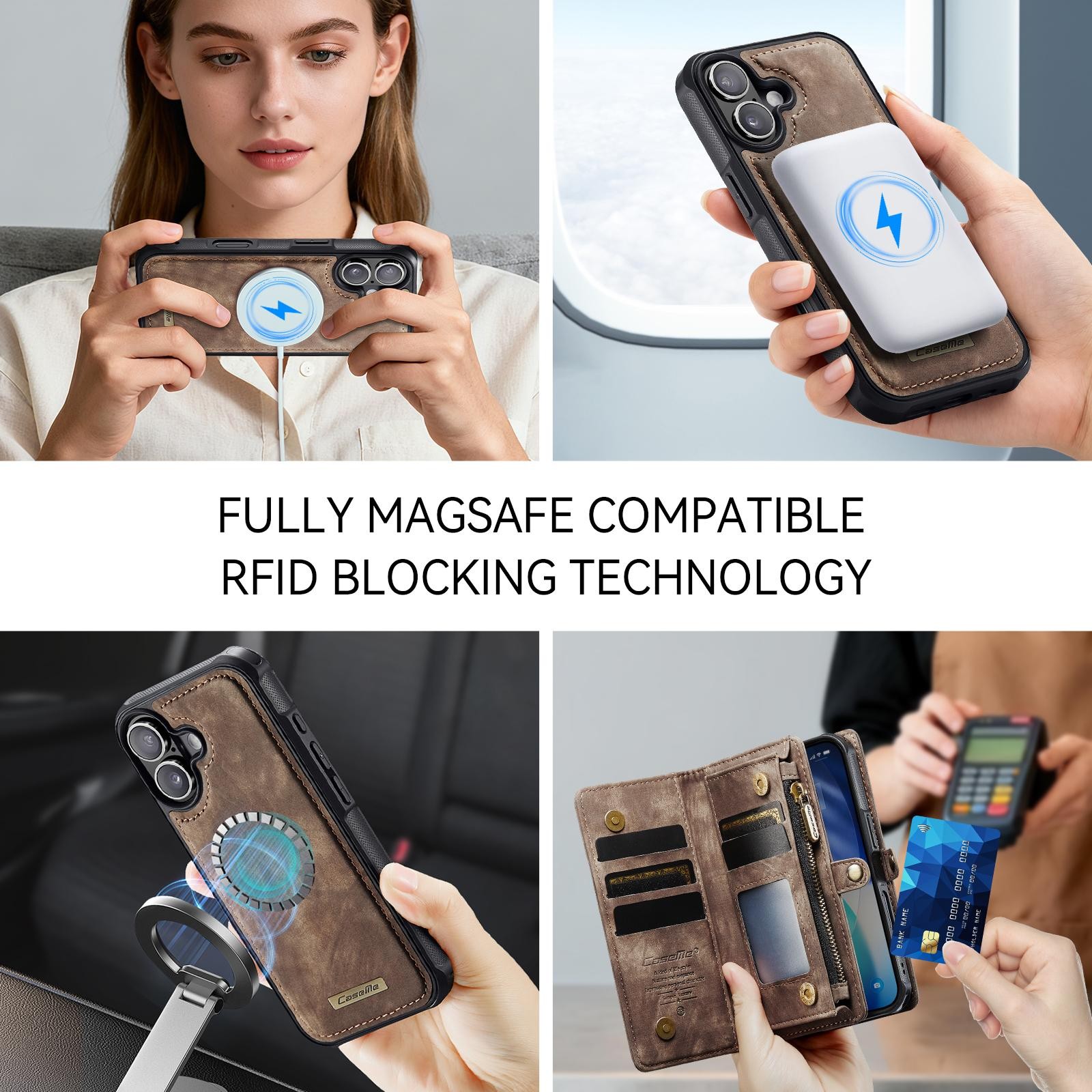 CaseMe 008 iPhone 17 Θήκη Πορτοφόλι με Αποσπώμενη Θήκη Σιλικόνης -Brown