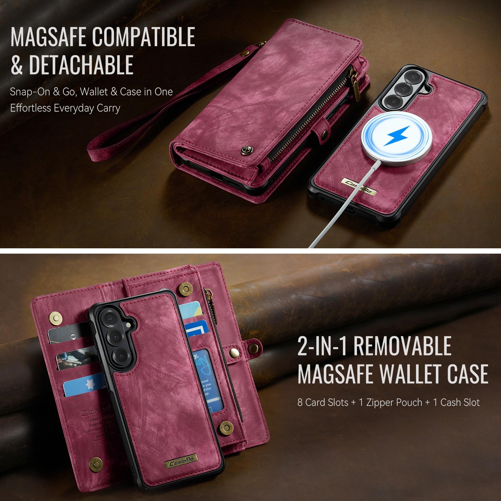 CaseMe 008 Samsung Galaxy S26 Plus 5G Θήκη Πορτοφόλι με Αποσπώμενη Θήκη Σιλικόνης - Wine red