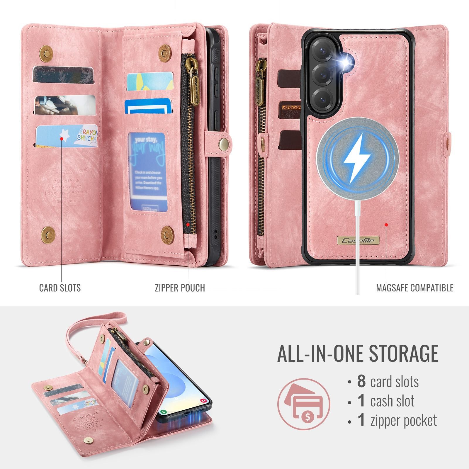 CaseMe 008 Samsung Galaxy S26 Plus 5G Θήκη Πορτοφόλι με Αποσπώμενη Θήκη Σιλικόνης -Pink